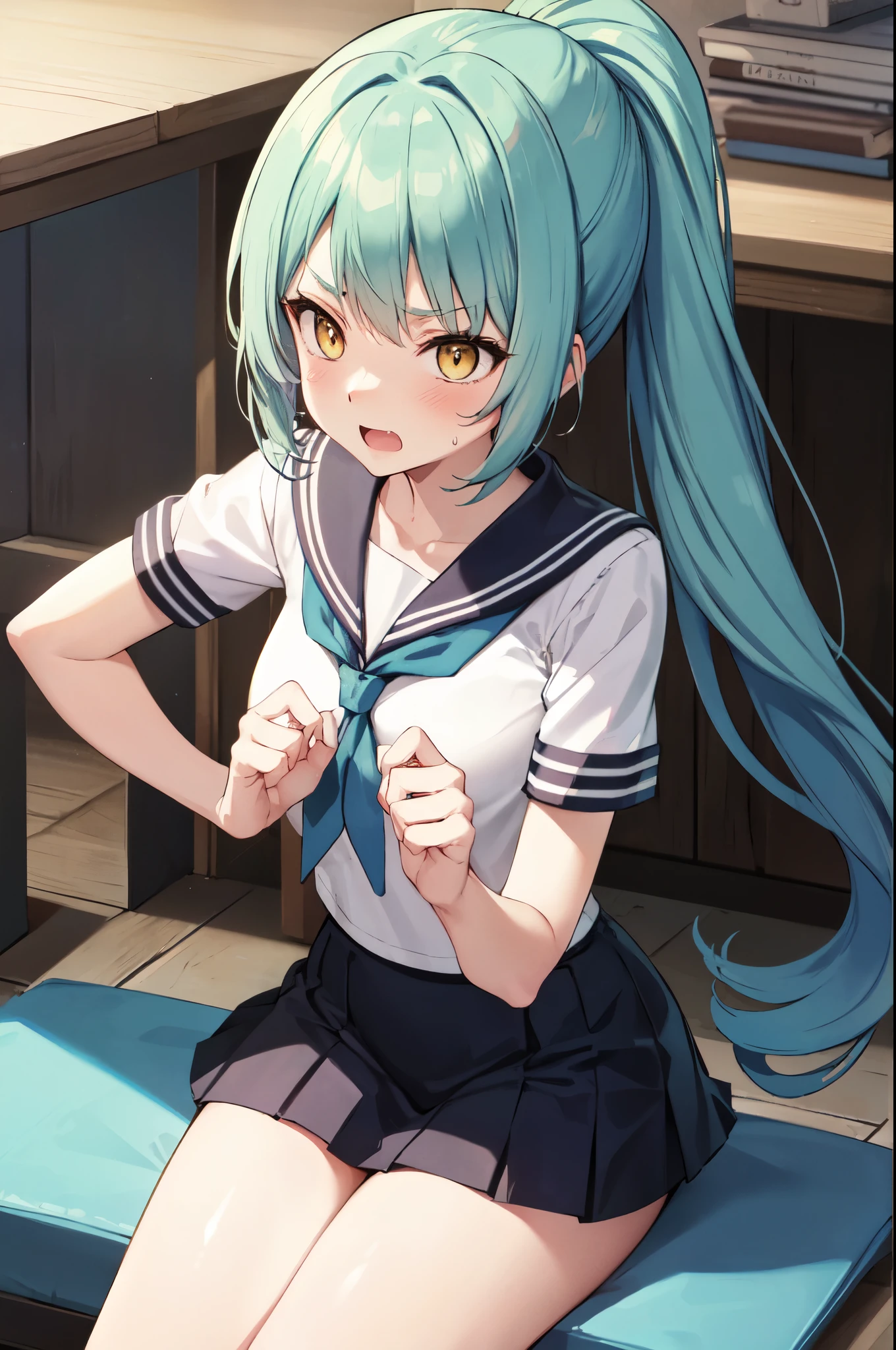 feet,ponytail,Sit on,Embarrassing,Rage,Light blue hair,Yellow Eyes,(Sailor suit),Pleated Skirt,Three white eyes