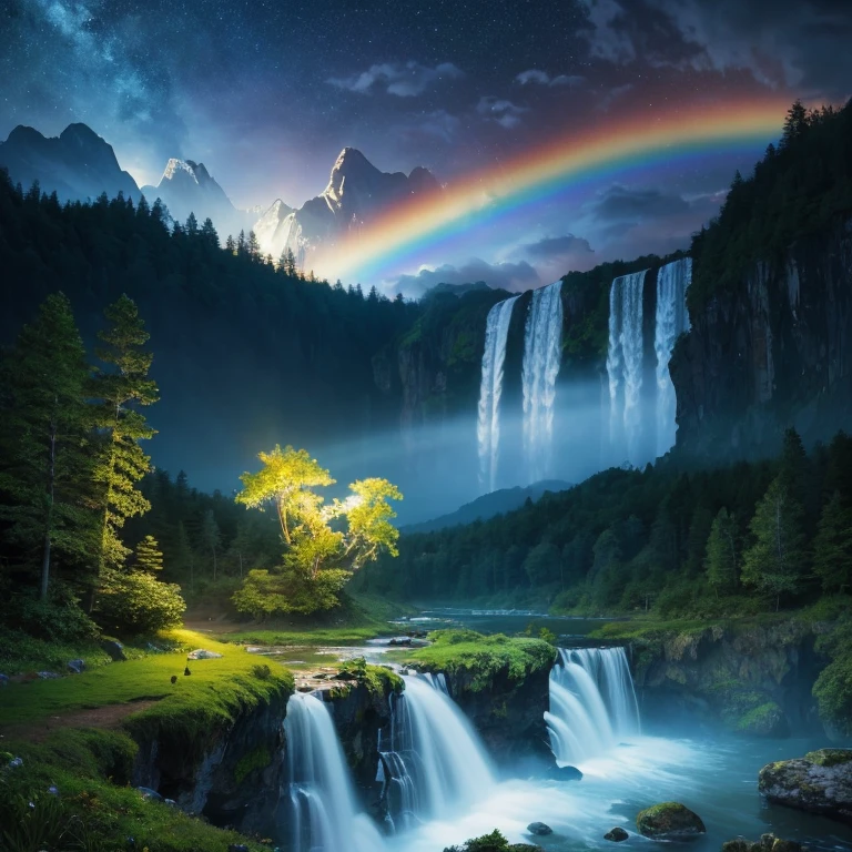 masterpiece, 最high quality, high quality, CG, 8k, giant tyrannosaurus、scenery, night, null, cloud, no man ,Lush forest, Beautiful waterfall, rainbow, Fantasy Images, fire Fly, moonlight, Aurora, 