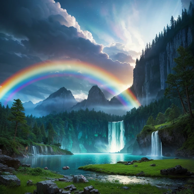 masterpiece, 最high quality, high quality, CG, 8k, giant tyrannosaurus、scenery, night, null, cloud, no man ,Lush forest, Beautiful waterfall, rainbow, Fantasy Images, fire Fly, moonlight, Aurora,