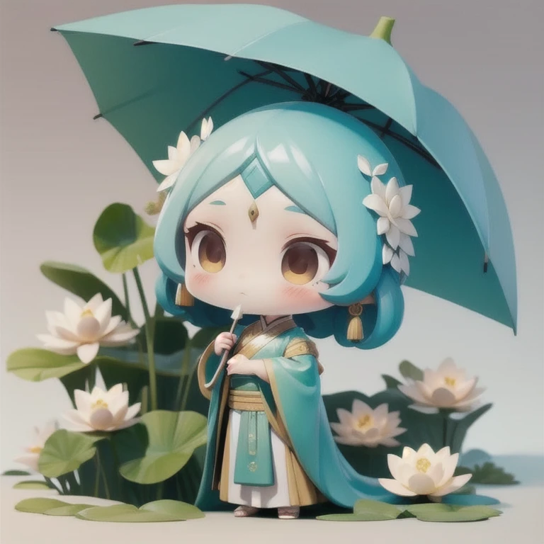 chibi, A woman holds a oil-paper umbrella on her shoulder to shelter from the rain as part of a fashion event in the style of Yue Xiaofei,light jade,ethereal dream,Tang Youhong,elegant,detailed design,dansaekhwa Joil-paper umbrellachinese clothesholding umbrellarain (Milky skin, shiny skin:1.3)(lotus leaf:1.2),