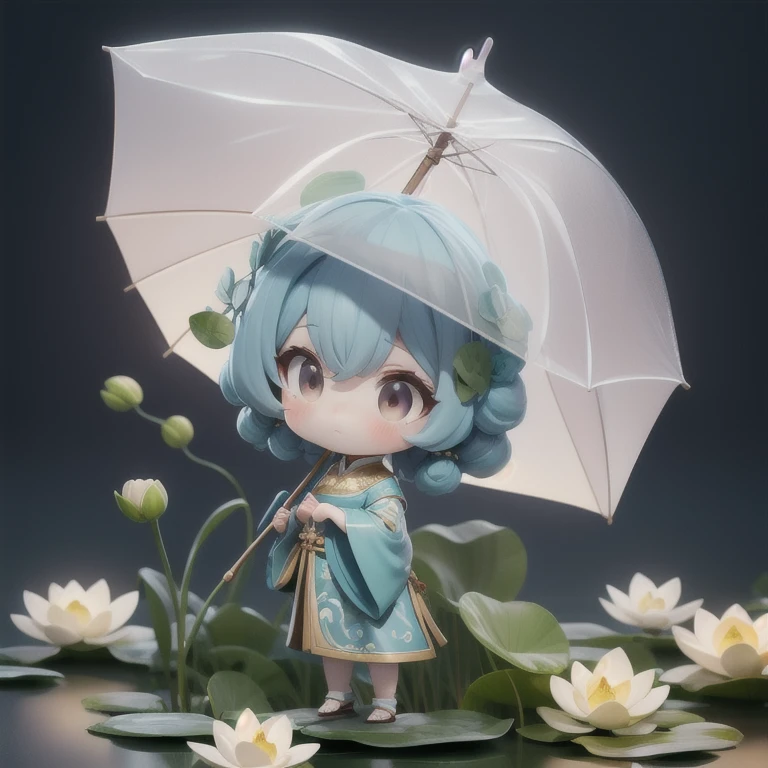 chibi, A woman holds a oil-paper umbrella on her shoulder to shelter from the rain as part of a fashion event in the style of Yue Xiaofei,light jade,ethereal dream,Tang Youhong,elegant,detailed design,dansaekhwa Joil-paper umbrellachinese clothesholding umbrellarain (Milky skin, shiny skin:1.3)(lotus leaf:1.2),