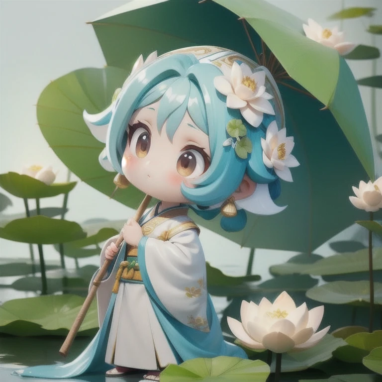 chibi, A woman holds a oil-paper umbrella on her shoulder to shelter from the rain as part of a fashion event in the style of Yue Xiaofei,light jade,ethereal dream,Tang Youhong,elegant,detailed design,dansaekhwa Joil-paper umbrellachinese clothesholding umbrellarain (Milky skin, shiny skin:1.3)(lotus leaf:1.2),