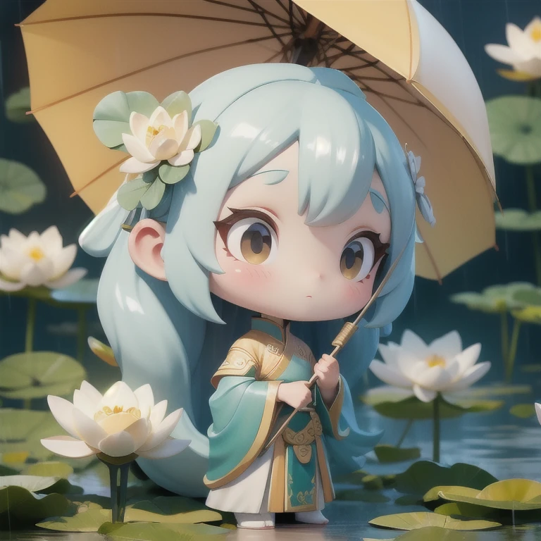 chibi, A woman holds a oil-paper umbrella on her shoulder to shelter from the rain as part of a fashion event in the style of Yue Xiaofei,light jade,ethereal dream,Tang Youhong,elegant,detailed design,dansaekhwa Joil-paper umbrellachinese clothesholding umbrellarain (Milky skin, shiny skin:1.3)(lotus leaf:1.2),