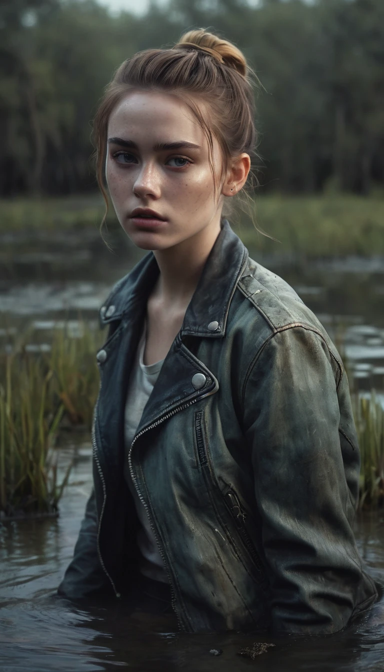 a teenage girl, drowning in swamp:1.3, long messy loose bun, freckles, wearing jeans:1.3, faded leather biker jacket, pale skin, lifeless expression, eerie atmosphere, moody light, muted colors, photorealistic, hyper-detailed, cinematic composition, dark fantasy, dramatic lighting