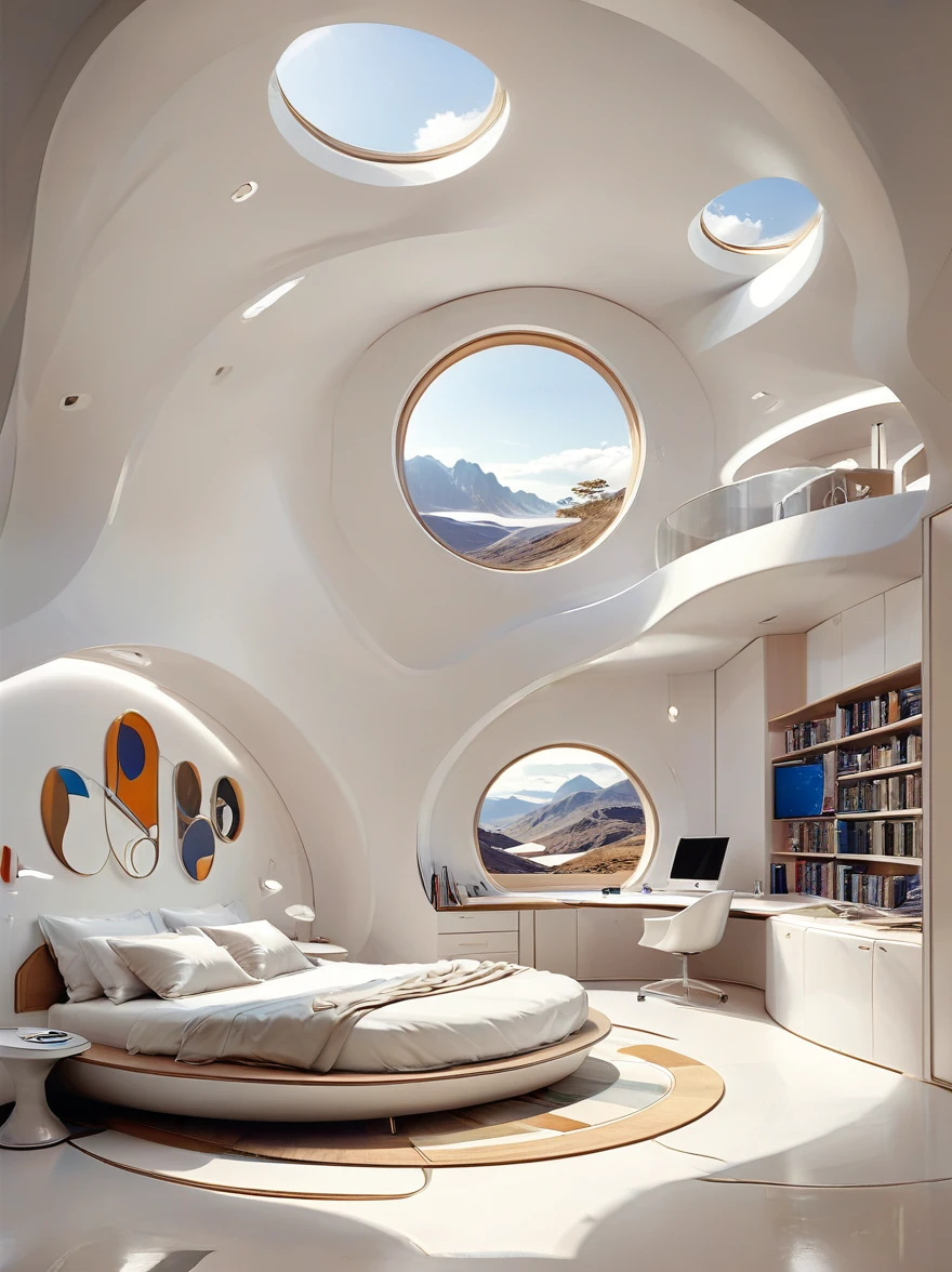 The bedroom-study concept for the future home incorporates organic fluidity、Circles and geometric shapes，and use artistic imagination to render houses and landscapes, Pure white technology style，Spacious interior space, Style Wabi.