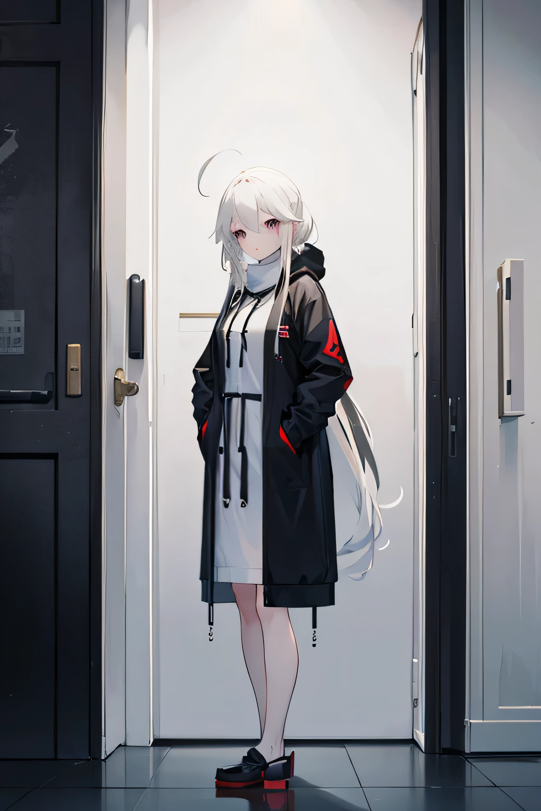 a lady with white blonde hair standing in front of a door, wearing a black hoodie, frontline style, kantai collection style, artwork in the style of guweiz