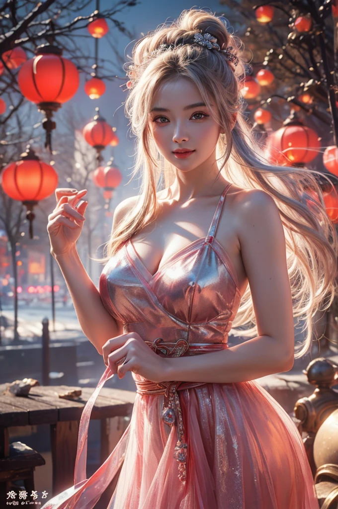 highest quality、8k Masterpiece、ultraA high resolution、(Photorealistic:1.3)、RAW Photos、1 girl、Silvery white hair、Glowing Skin、((Ultra-Realistic Details))、Portrait、Global Illumination、Shadow、Octane Rendering、8k、Super sharp、Metal、warm colors、Very intricate details、Realistic Light、CGSoation Trend、Beautiful and shining eyes、Beautiful breasts、To the camera、Neon Details、Landscapes of unimaginable beauty、100Light of red lanterns、Swirl、samurai girl in the center、female、sexy。Healthy Body、Japanese、A beauty that everyone falls in love with、smile