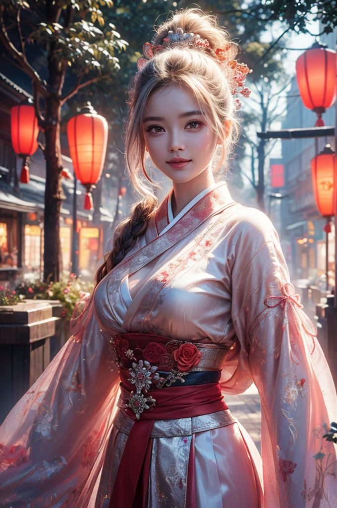 highest quality、8k Masterpiece、ultraA high resolution、(Photorealistic:1.3)、RAW Photos、1 girl、Silvery white hair、Glowing Skin、((Ultra-Realistic Details))、Portrait、Global Illumination、Shadow、Octane Rendering、8k、Super sharp、Metal、warm colors、Very intricate details、Realistic Light、CGSoation Trend、Beautiful and shining eyes、Beautiful breasts、To the camera、Neon Details、Landscapes of unimaginable beauty、100Light of red lanterns、Swirl、samurai girl in the center、female、sexy。Healthy Body、Japanese、A beauty that everyone falls in love with、smile