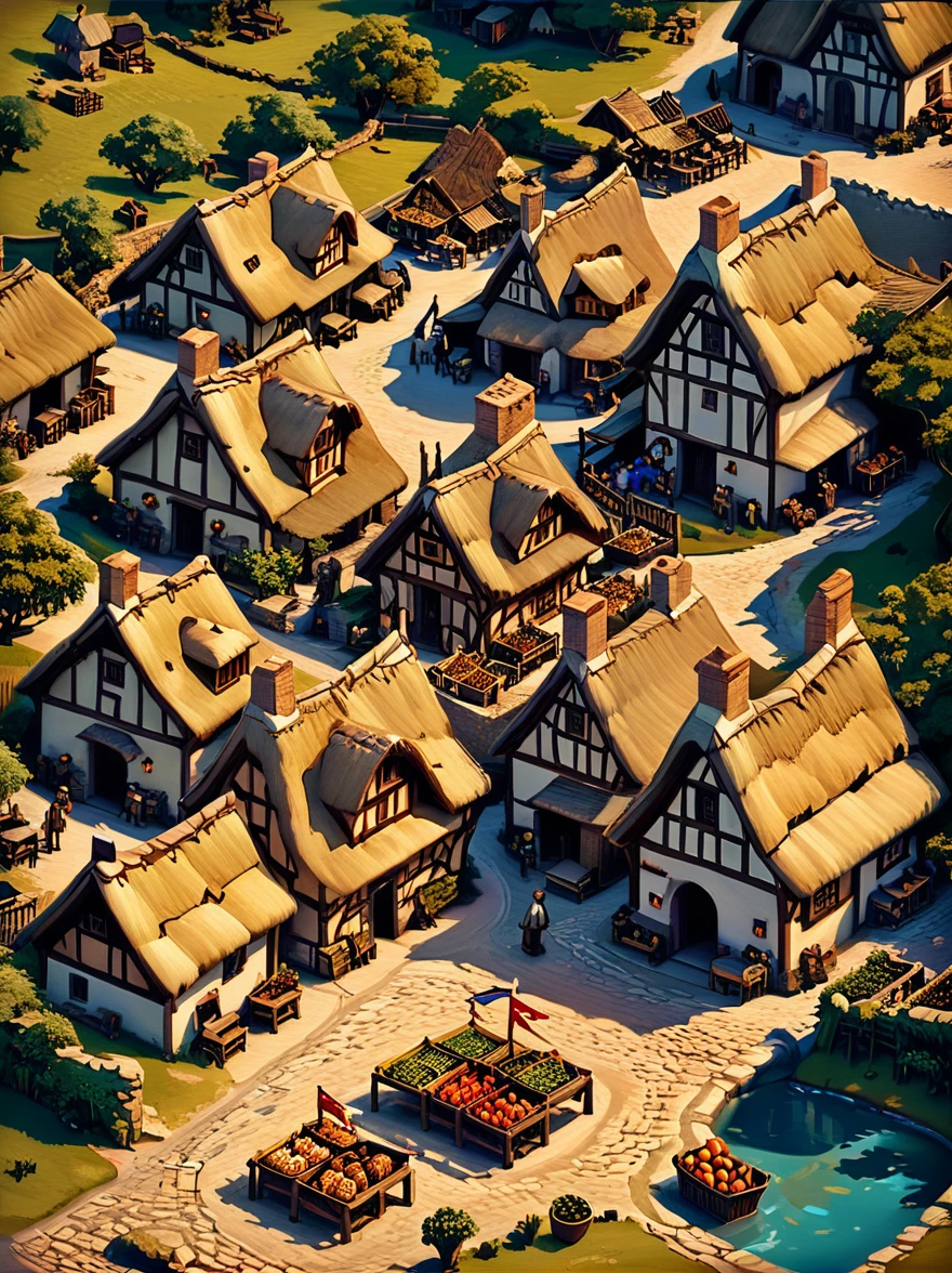 Isometric digital game art of a medieval village with thatched roofs, a market square, and townsfolk