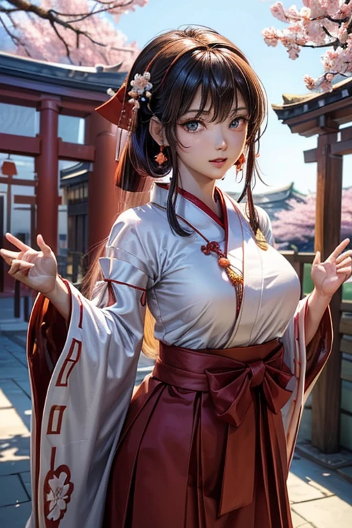 #Basics A girl is posing for a photo, animeのかわいい女の子, (((One Girl, Baby Face, 16 years old))),
BREAK
#Clothing Accessories
(Shrine maiden costume : A haori with large red sleeves on a white background + Cherry blossom embroidery + Deep red hakama skirt + Simple white headdress + Traditional shrine maiden attire + Carrying a sword :1.4),
((Golden hoop earrings)),
BREAK
#Features
(Black Hair:1.4, Bangs that expose the forehead:1.4, Chest-length sideburns, Very short back hair + Straight back hair),
(Droopy eyes,blue eyes), (Small breasts),
BREAK
#expression
(smile, one eye closed),
#background environment
((noon:1.4 + bustling street:1.4 + congestion + Sunshine)),
#composition
(Face the viewer:1.4, from below:1.4, (Dynamic Pose:1.4 + Are standing:1.4), Cowboy Shot:1.4),
BREAK
#Body parts elements
(Beautiful Hair,Shiny Hair),
(double eyelid, Long eyelashes),
(Expression of fine eyes, Beautiful and delicate eyes, Sparkling eyes, Eye Reflexes),
(Human Ear),
(Beautiful Nose, Thin Nose),
(Glossy lips, Beautiful Lips, Thick lips), (Symmetrical facial features),
(Detailed skin, Textured skin, Beautiful Skin),
BREAK
#Quality
(((highest quality)), ((masterpiece)), ((Very detailed))), ((High resolution), (16k,1080p)),
(Realistic), (Anatomically correct),
((comics, anime)), (3DCG), CG illustration,
