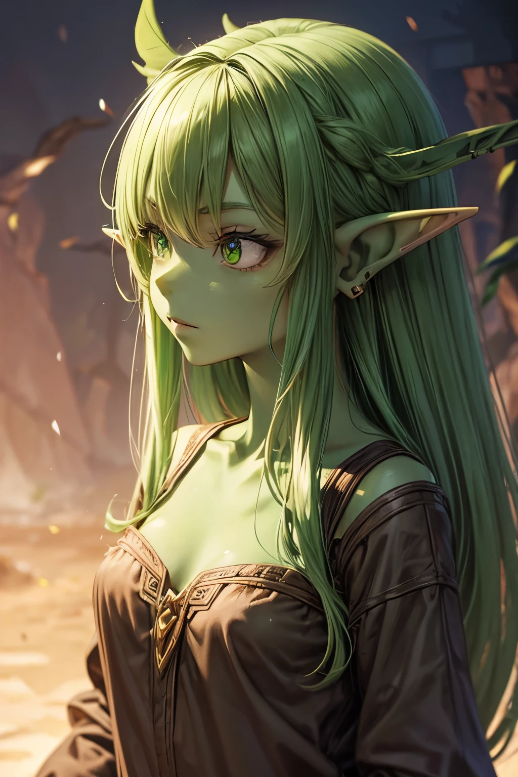 Green skin,pointed ears,goblin girl