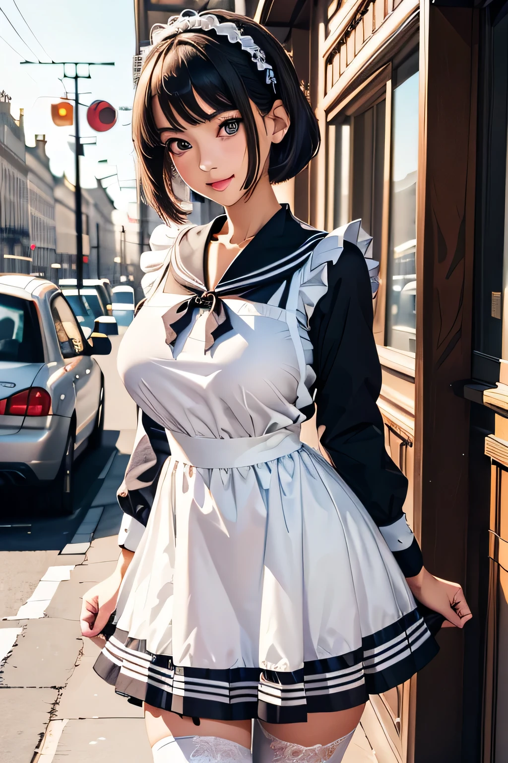 highest quality、High resolution、Detailed Background、(Beautiful face in every detail:1.4)、Anatomically correct、(Detailed facial expressions)、(Detailed eyes:1.2)、Beautiful women in their 20s、(Highly detailed face:1.4)、Cute hair colour、Braided bob cut、Braided Ponytail、Cute hairstyle、well-groomed eyebrows、Cute Eye Makeup、Cute Lip Makeup、Perfect body line、(Huge breasts:1.3)、Accentuate your breasts、Accentuate your cleavage、Glasses、Buckingham Palace、A big smile、Smiling、A fun atmosphere、Cute gestures、
(Two beautiful women with Buckingham Palace in the background:1.5)、
The base is a maid dress with a sailor-style collar.、
The collar is a sailor collar like a blouse, and the point is that there is a ribbon on the collar.、Dresses are generally knee-length or mini-length, and the hems are decorated with frills or lace.、
The dresses come in classic colors such as black, navy, and white.、
The ribbon on the collar matches the color of the dress.、The apron features a sailor-style collar.、
There is also a ribbon on the collar, adding a sailor element to the overall look.、
Choose the color of your apron to match your dress、
Black or navy knee-high socks and maid-style shoes with ribbons(Pumps or flat shoes)match、Pair it with stockings for a cute look.、
A headband with a ribbon is recommended.、Choose the color that matches your dress or apron、very beautiful