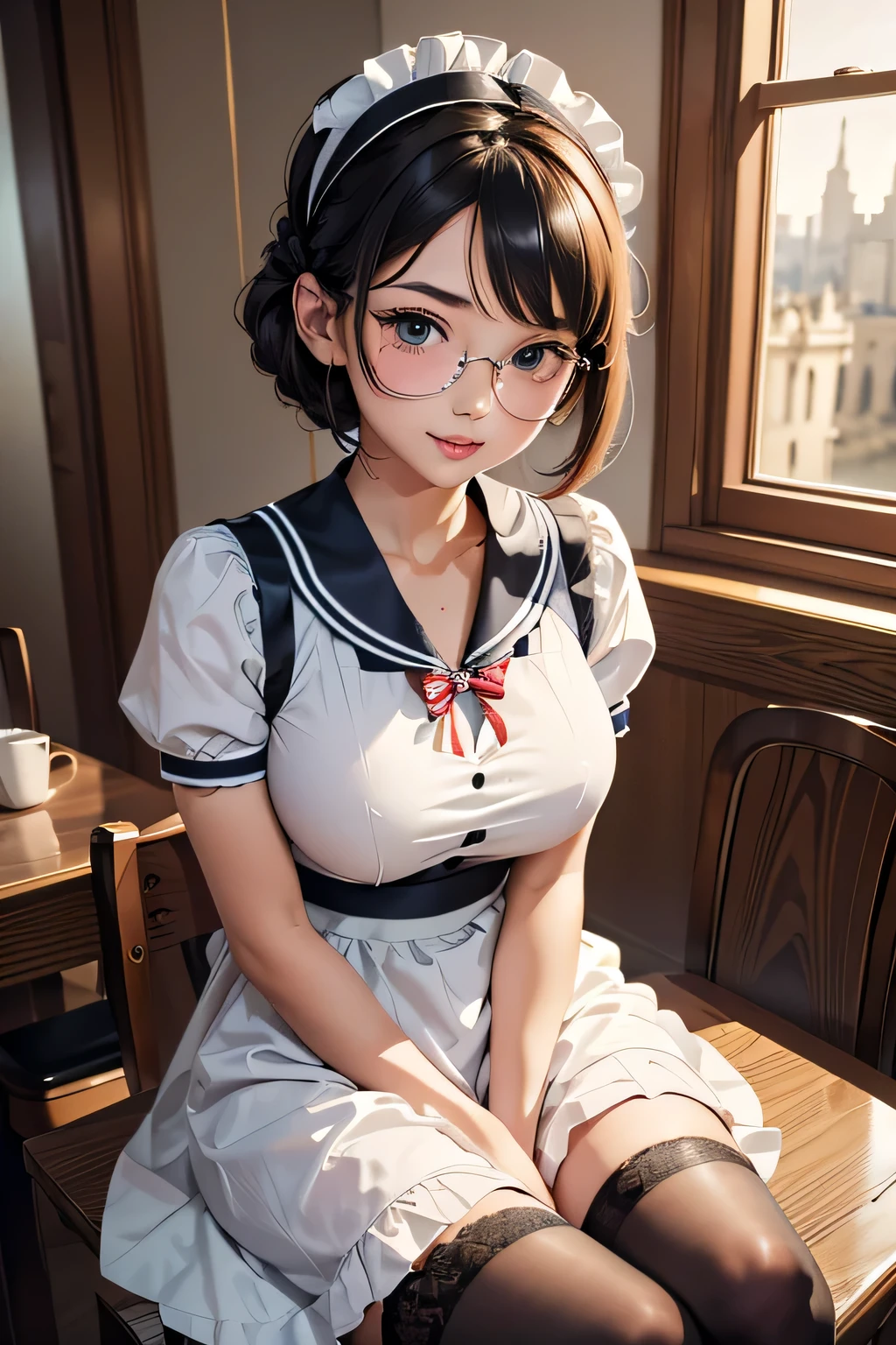 highest quality、High resolution、Detailed Background、(Beautiful face in every detail:1.4)、Anatomically correct、(Detailed facial expressions)、(Detailed eyes:1.2)、Beautiful women in their 20s、(Highly detailed face:1.4)、Cute hair colour、Braided bob cut、Braided Ponytail、Cute hairstyle、well-groomed eyebrows、Cute Eye Makeup、Cute Lip Makeup、Perfect body line、(Huge breasts:1.3)、Accentuate your breasts、Accentuate your cleavage、Glasses、Buckingham Palace、A big smile、Smiling、A fun atmosphere、Cute gestures、
(Two beautiful women with Buckingham Palace in the background:1.5)、
The base is a maid dress with a sailor-style collar.、
The collar is a sailor collar like a blouse, and the point is that there is a ribbon on the collar.、Dresses are generally knee-length or mini-length, and the hems are decorated with frills or lace.、
The dresses come in classic colors such as black, navy, and white.、
The ribbon on the collar matches the color of the dress.、The apron features a sailor-style collar.、
There is also a ribbon on the collar, adding a sailor element to the overall look.、
Choose the color of your apron to match your dress、
Black or navy knee-high socks and maid-style shoes with ribbons(Pumps or flat shoes)match、Pair it with stockings for a cute look.、
A headband with a ribbon is recommended.、Choose the color that matches your dress or apron、very beautiful