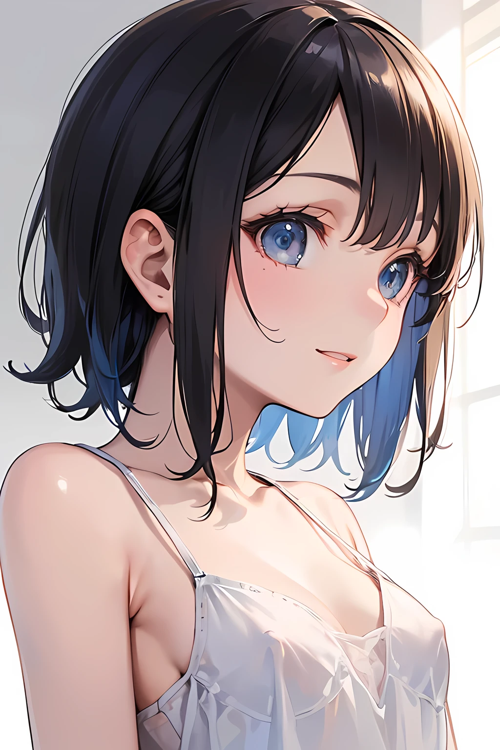 (masterpiece, face focus, profile: 1.3), (8K, Raw Photography, Top Image Quality: 1.4), gravure, splendid and colorful, kawaii petit little 1loli:1.3, (small cleavage:1.2), Super Detail cute Face, perfect pupil of the Eyes of Detail, anime style big eyes with eyelashes, Double Eyelid, Sharp Focus:1.2, Pretty infant:1.4, Top-Quality, Super A High Resolution, (Photorealistic: 1.4), Highly Detailed and professional lighting full smile, break, loose and light white camisole, shoulder out, nipples slip, natural facial expression, medium hair, fatal position, gorgeous background