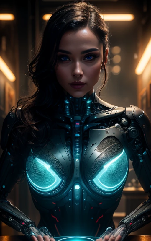 Beautiful black latex woman, olhos azuis, coberta com rosas vermelhas iluminadas, bright blue white glowing heart, visible from human, noite, Colouring, photography hyper-detailed cinematic hdr lighting, softbox lighting, Detalhe extremo, 8k, 3D-rendering, Hiper realista, NVIDIA,
