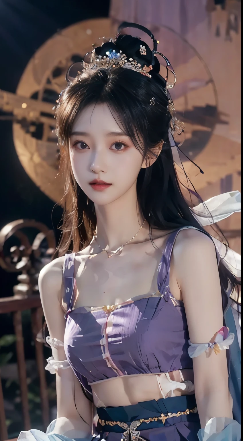 night, Deep blue sky, Purple, 淡Purple连衣裙, Long skirt at chest, long black hair, long hair and waist, Beautiful girl, God, god, White headdress, Sitting on the railing, hair, side fringe, scarf, hair ornament, Forehead Gem, Baolai Jewelry Branch, crescent hair ornament, fish hair ornament, God ray, flash, movie lighting, Lens flare, Ultra HD, High Detail, high quality, high resolution, best quality, 8K, 16K, High Detail, high quality, high quality, Super Detail, Anatomically correct, masterpiece, precise