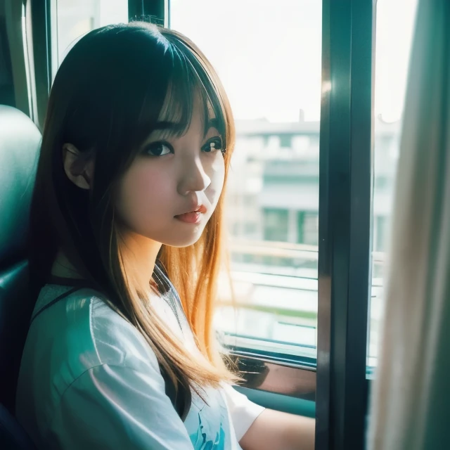 The Japanese girl, at the  of eighteen, sat gracefully on the train seat, her medium blonde hair framed her pretty face with bangs parted to the side. Her brown eyes sparkled with life as she looked out of the window, her perfect figure accentuated by the transparency