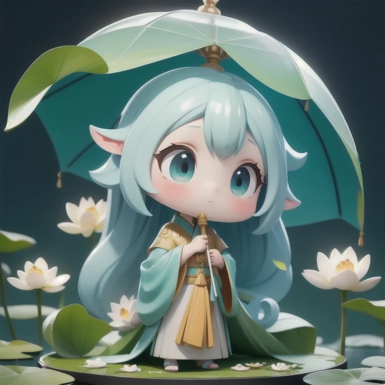 chibi, A woman holds a oil-paper umbrella on her shoulder to shelter from the rain as part of a fashion event in the style of Yue Xiaofei,light jade,ethereal dream,Tang Youhong,elegant,detailed design,dansaekhwa Joil-paper umbrellachinese clothesholding umbrellarain (Milky skin, shiny skin:1.3)(lotus leaf:1.2),