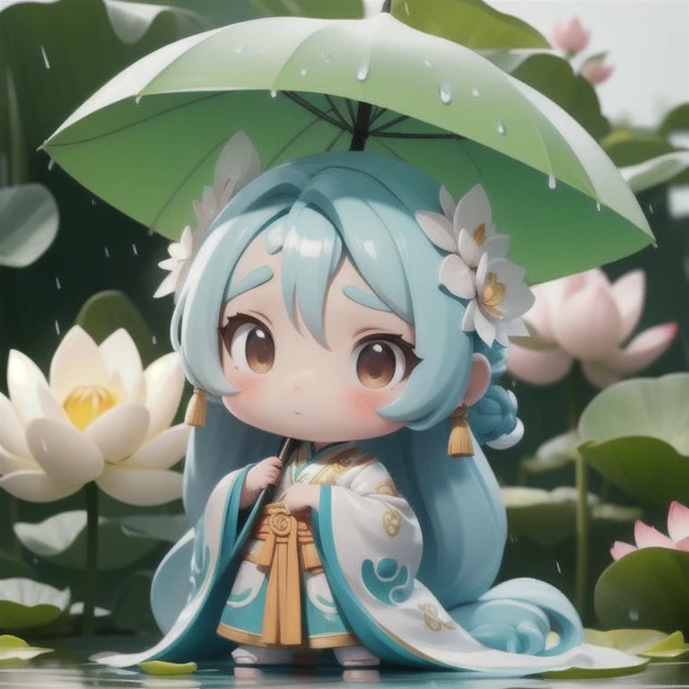 chibi, A woman holds a oil-paper umbrella on her shoulder to shelter from the rain as part of a fashion event in the style of Yue Xiaofei,light jade,ethereal dream,Tang Youhong,elegant,detailed design,dansaekhwa Joil-paper umbrellachinese clothesholding umbrellarain (Milky skin, shiny skin:1.3)(lotus leaf:1.2),