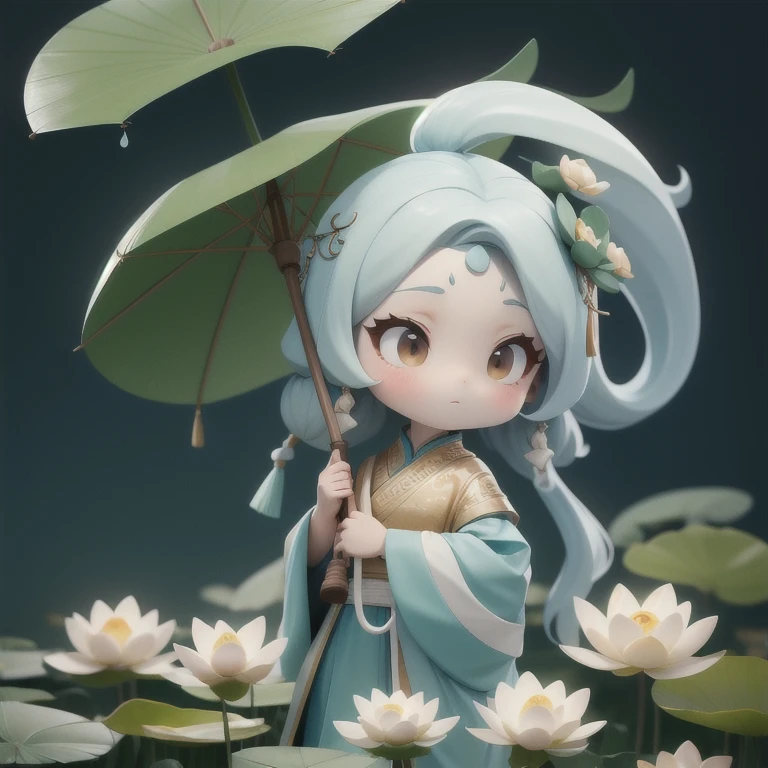 chibi, A woman holds a oil-paper umbrella on her shoulder to shelter from the rain as part of a fashion event in the style of Yue Xiaofei,light jade,ethereal dream,Tang Youhong,elegant,detailed design,dansaekhwa Joil-paper umbrellachinese clothesholding umbrellarain (Milky skin, shiny skin:1.3)(lotus leaf:1.2),