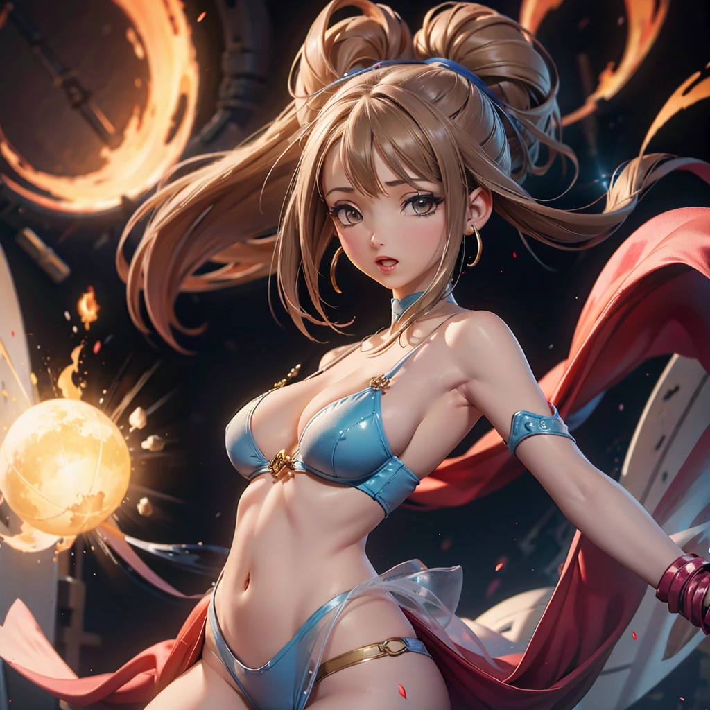 An energetic woman (young, athletic, minimal clothing composed of flowing sheer silks) is channeling power, yelling, as she summons a dragon ball, blasted moonscape
