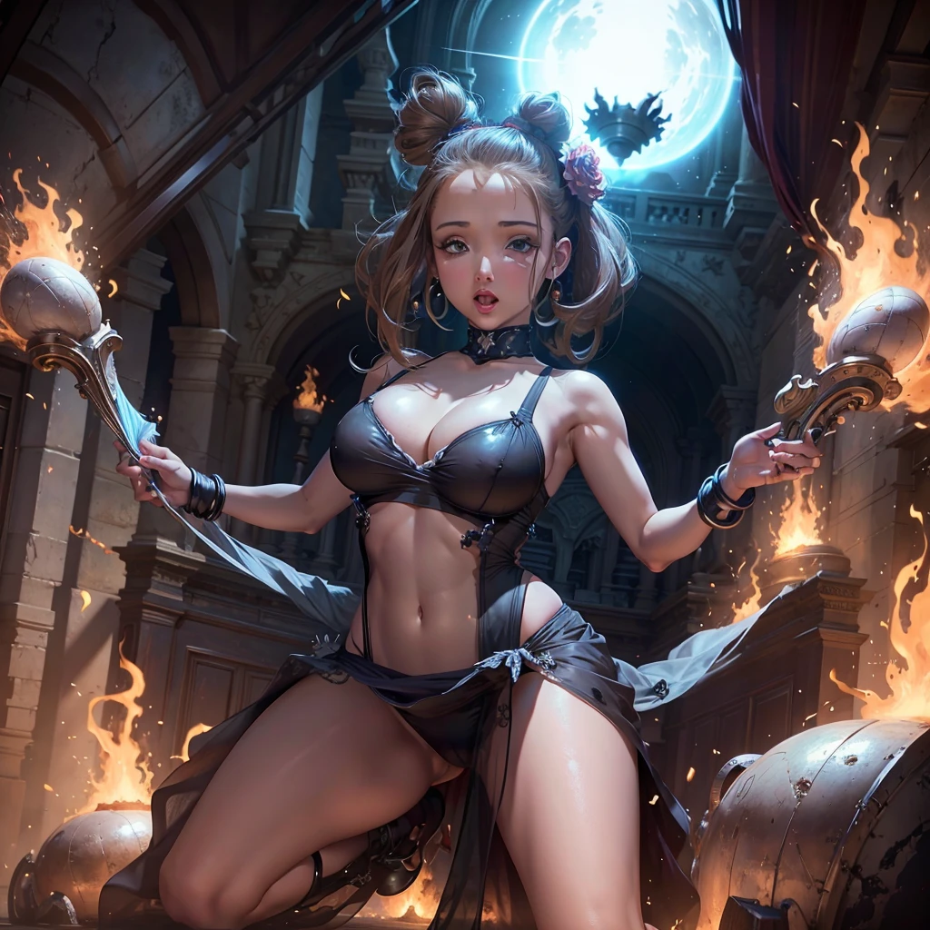 An energetic woman (young, athletic, minimal clothing composed of flowing sheer silks) is channeling power, yelling, as she summons a dragon ball, blasted moonscape
