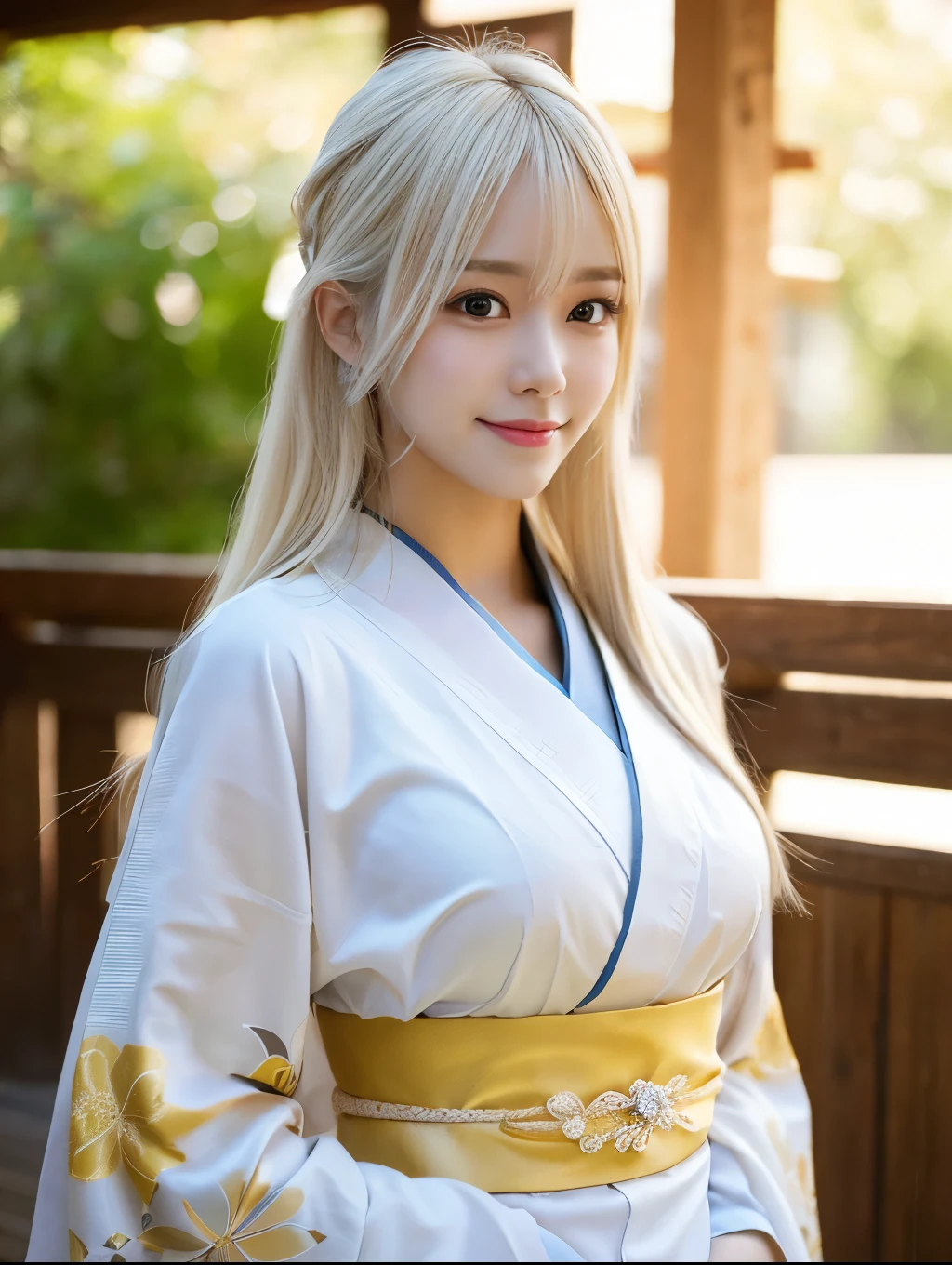 1024:Size of 1024,( Masterpiece, highest quality), 98k, ((Perfect Anatomy:1.2)),Beautiful Japanese Women, Succubus,(one person:1.3), 20-year-old, Small face,(Cute face:1.2),Smiling, Larger breasts, ,Beautiful and detailed eyes, Evenly spaced eyes 1.2, long platinum blonde hair,(Random Hairstyles), (Highly detailed face and skin texture), Beautiful face in golden proportions,White skin,(kimono:1.2),Random sexy poses、Angle of view that shows waist、Expose the valley