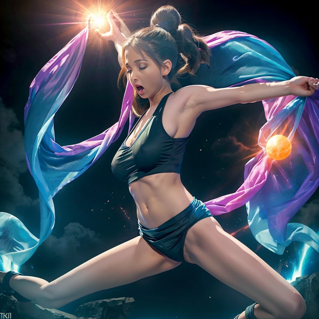 An energetic woman (young, athletic, minimal clothing composed of flowing sheer silks) is channeling power, yelling, as she summons a dragon ball, blasted moonscape