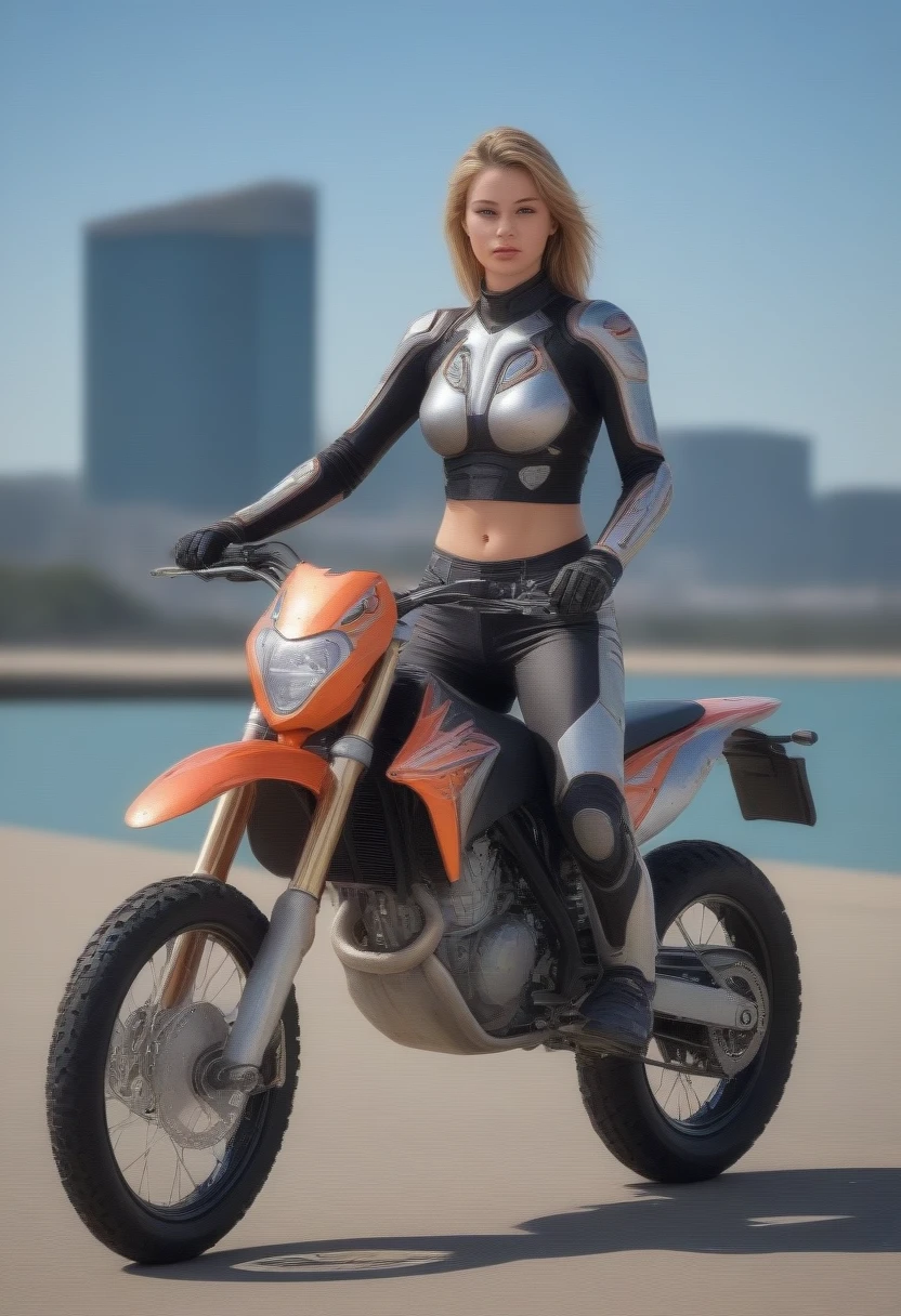 full body shot, wharf scene, beautiful female cyborg woman riding a KTM 450 motocross motorcycle, glamorous shape, shoulder-length, beautiful shiny smooth, high quality, best quality, absurdres, masterpiece, beautiful, intricate details, 1/2 body crop, slim body, beautiful figure, magnificent anatomy, (intricate details:1.12), HDR, (intricate details, hyper-detailing:1.15), (natural skin textures, hyper realisitc, soft light, Sharp:1.2)