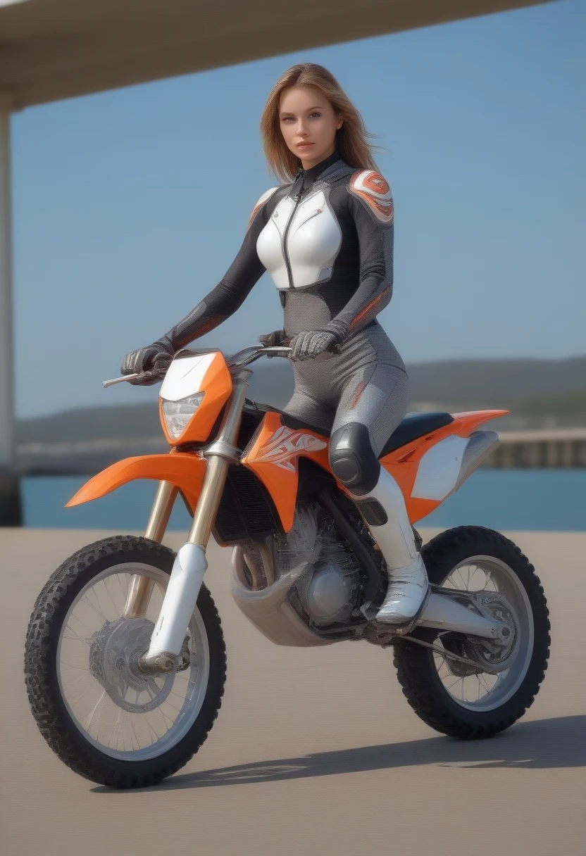 full body shot, wharf scene, beautiful female cyborg woman riding a KTM 450 motocross motorcycle, glamorous shape, shoulder-length, beautiful shiny smooth, high quality, best quality, absurdres, masterpiece, beautiful, intricate details, 1/2 body crop, slim body, beautiful figure, magnificent anatomy, (intricate details:1.12), HDR, (intricate details, hyper-detailing:1.15), (natural skin textures, hyper realisitc, soft light, Sharp:1.2)