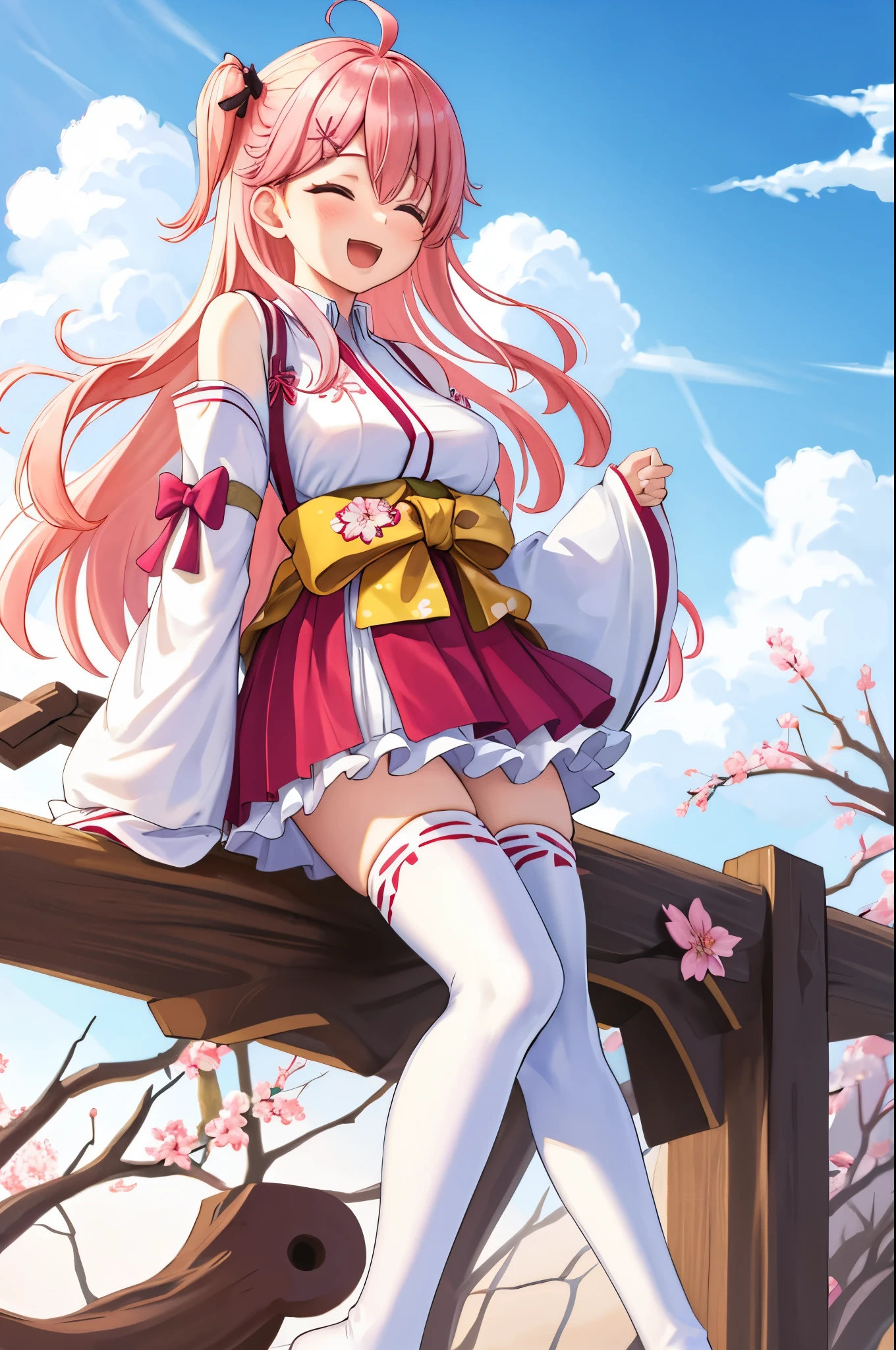 masterpiece, best quality, highres, sakura_miko, 1girl, (loli:1.3),medium_breasts, kimono, solo, ahoge, x_hair_ornament, pink_hair, floral print, hairclip,(side_less_clothes:1.3), (side_breasts:1.3), hair_bell, floral print, long_hair, hair between eyes, one side up, white_thighhighs, wide sleeves, open_mouth,(happy:1.3),green_eyes,smile,apart_legs,(overly_long_sleeves:1.3),),sleeves_past_wrists,hands_hidden_sleeves,sidelock_clothes,solo,hidden_wrists,(XD:1.5),covered_nipples,sunlight,(bare_flank:1.3),boots,open_mouth,kimono,close_eyes,.
