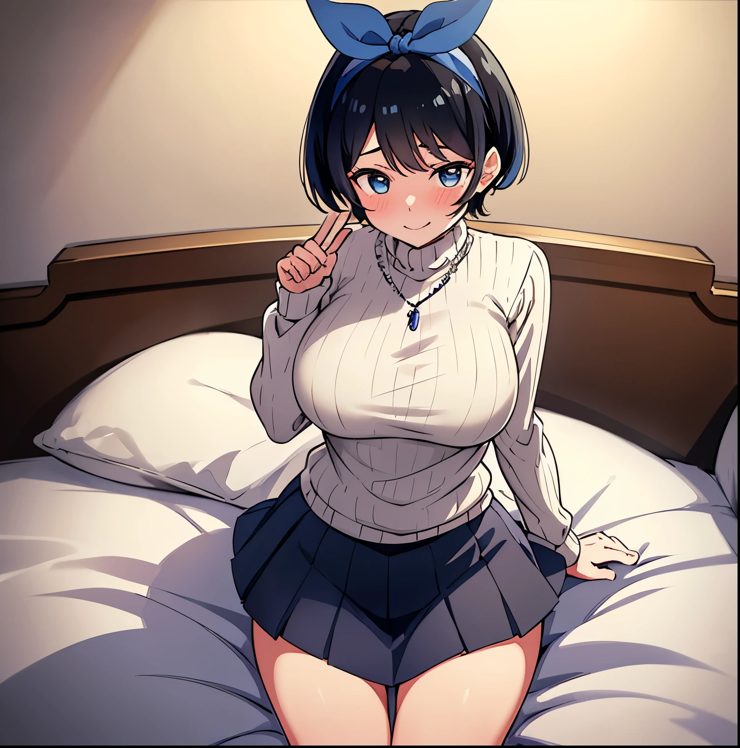 1girl, alone, ruka sarashina, main piece, high quality, high resolution, jewelry, skirt, sweater, a necklace, black skirt, a woman with dark hair, short hair, black hair, beige ribbed sweater, white socks, sweater with high collar、high collar, White Sox, blue eyes, long sleeve, black pleated skirt, bow, bowknot, blue hair band, bangs, big full breasts, medium waist, medium hips, wide thighs, cowboy photo, smile , seductive, embarrassed, dynamic pose, detailed, detailed face, hotel room, in bed, on all fours, looking at viewer, head-on, focus on breasts, point of view (from above), perfect anatomy perfect hands