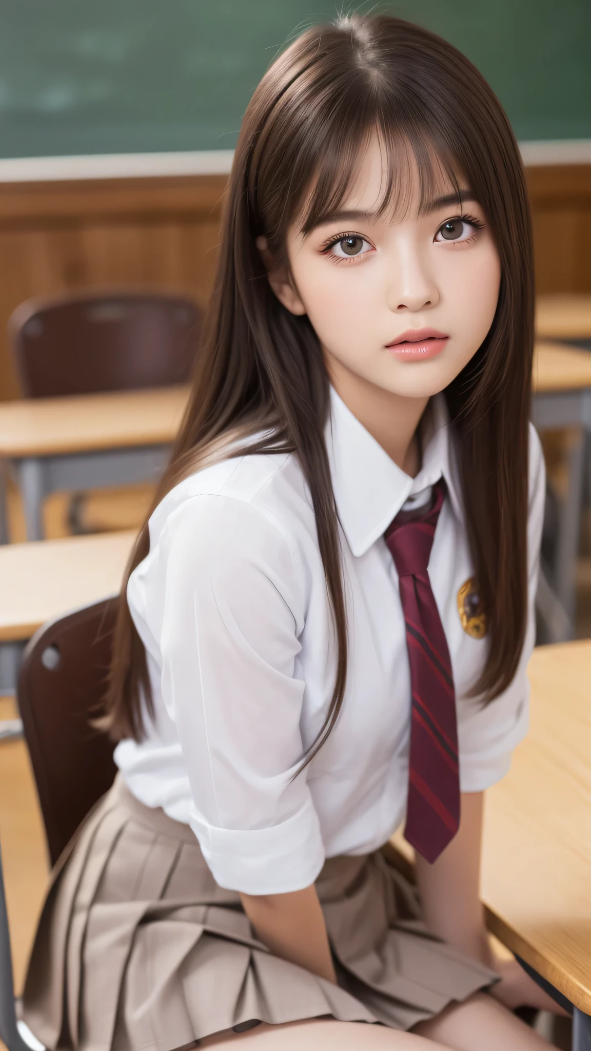 (1girl), (highly detailed face), Amazing face and eyes, (Best Quality:1.4), (Ultra-detailed), (extremely detailed CG unified 8k wallpaper), Highly detailed, High-definition raw color photos, Professional Photography, Realistic portrait, Amazing face and eyes, Pink eyes, (hi-school uniform, pleated mini skirt:1.3), brown hair, model, depth of fields, School, classroom,