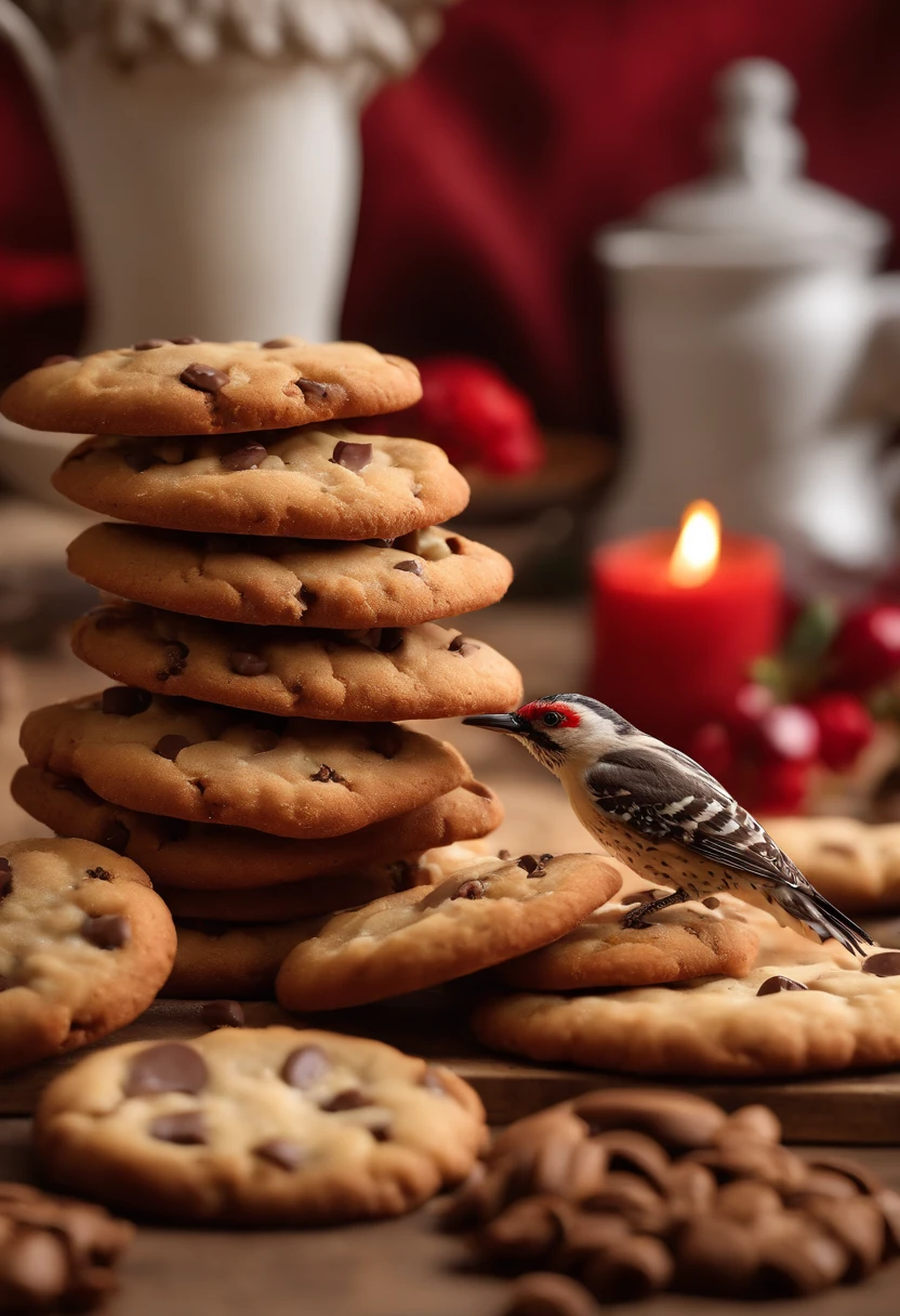 Biscoitos Cookies com gotas de chocolate (doce de leite), realista, in the background a woodpecker bird(woodpecker)(red bird), (bird pica paur, red bird), cookies a frente (fundo um pica pau(red woodpecker), bird, 4k, high resolution, biscoitos cookies, scenario (pica pau ao fundo, natureza), realista, Photo by the best photographer in the world, zoom. Grade, rustic cookies, cookies gotas de chocolate, nozes 
