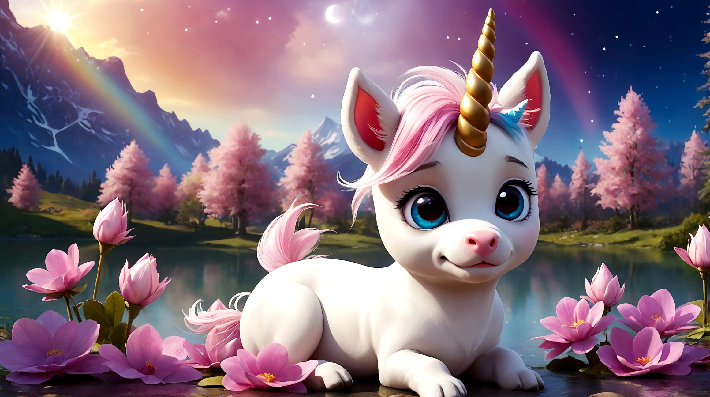 cute unicorn puppy, with a magical lake in front