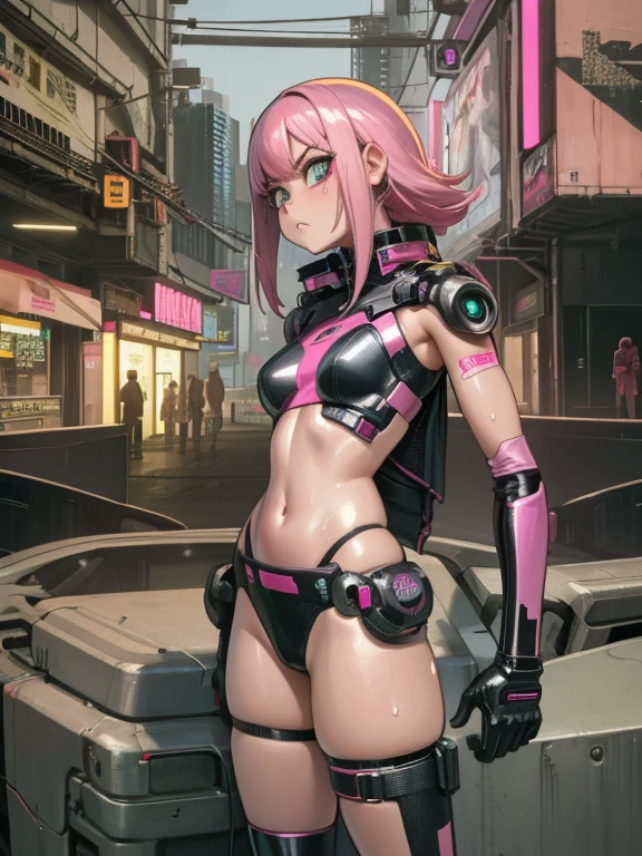 Full body like，Anime girl with pink hair and futuristic costume in the city, Hyper-realistic cyberpunk style, cyberpunk anime girl, Digital cyberpunk anime art, dreamy cyberpunk girl, Anime style. 8K, female cyberpunk anime girl, digitl cyberpunk - anime art, portrait anime space cadet girl, the cyberpunk girl portrait, beautiful cyberpunk girl face, anime styled 3d, photorealistic anime girl rendering，(RAW photo:1.2)，camel-toe，Hollow-out on，sweat leggs，， Smooth pink skin, shiny metallic glossy skin, Shiny, 　spread their legs　M-shaped legs,angry look,sullenness,Irritated， all over body，Full body like