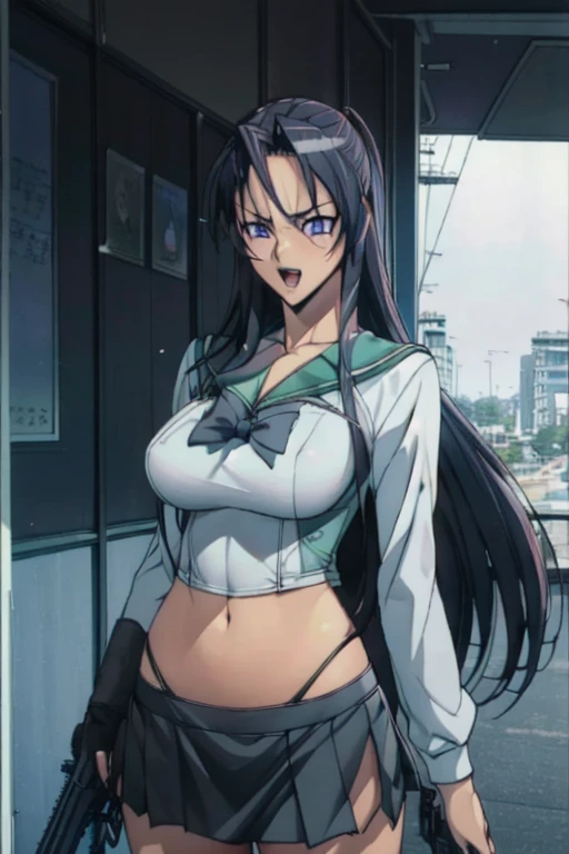 In front of Xili City, Castle yarn weaving, Purple Eyes, Black hair, long hair,(((Full and soft breasts,)))(((Large Breasts))) (((Cleavage))),
blush, lipstick, masterpiece, best quality, Very detailed, a Anime Girl in sailor uniforms with a gun posing for a picture,
evil Smile, Smile, open mouth,Black_Setofuku, Edge anime style, Anime Girl ,
Edge style, Edge, Boat Girl, Digital Animation Art!!, high School girls, holding a gun, Get a gun, Anime style 4K, Miniature skirt, Exposed belly, Navel, Exposing the belly,
Showing belly,School, classroom, belly button piercing