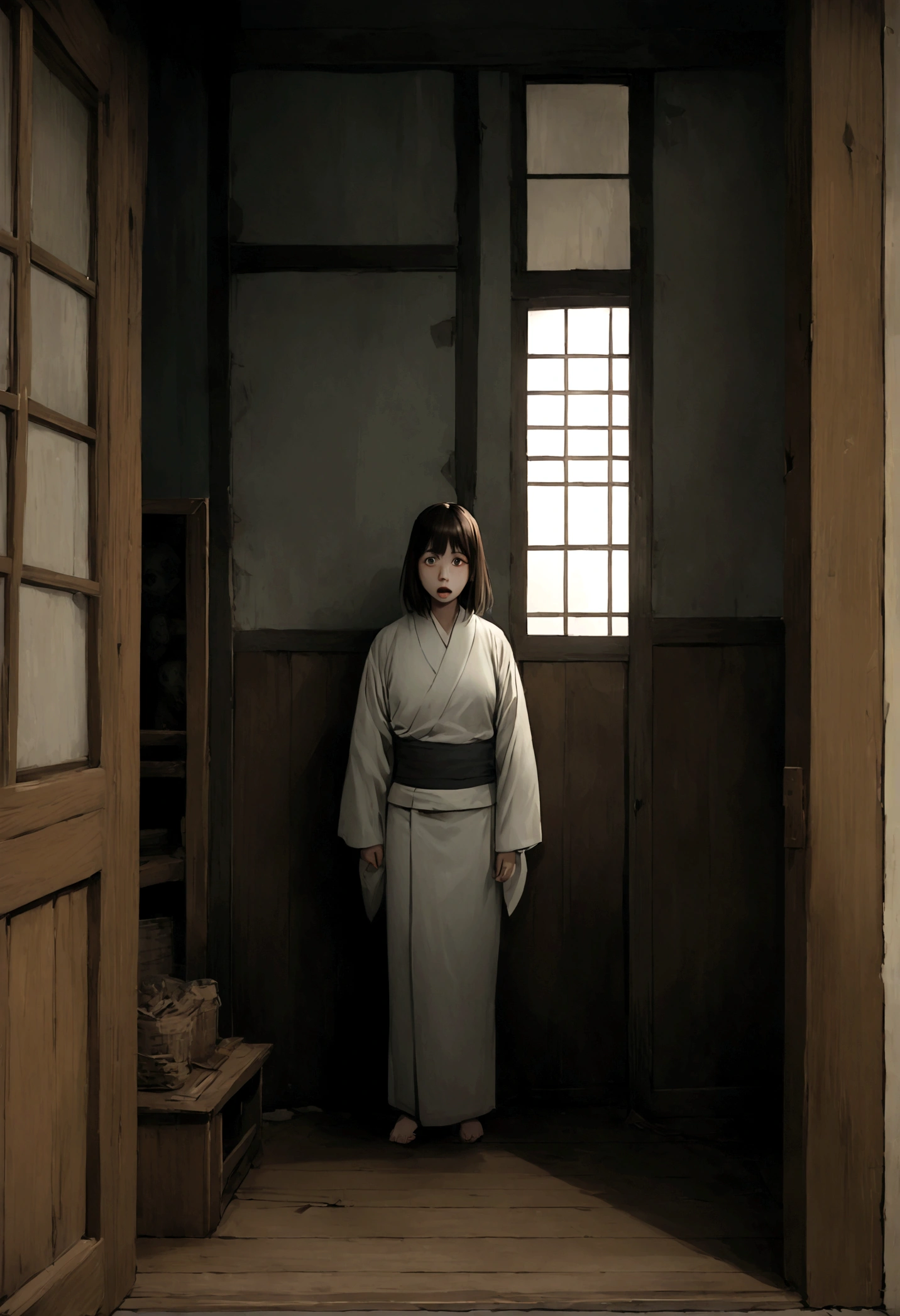 A detailed and realistic horror movie photograph prompt for Midjourney:
---
A realistic scene of a 30-year-old Japanese woman in a traditional kimono. She is standing from head to toe, adopting a menacing, ghost-like posture reminiscent of the Japanese horror film "Ju-on." Her expression is haunting, with wide, unnerving eyes and a slightly open mouth as if ready to scream. The background is a typical horror movie setting: an old, abandoned house with dilapidated wooden floors, tattered shoji screens, and eerie, flickering light streaming through broken windows. The scene is set in broad daylight, creating an unsettling contrast between the bright light and the ominous atmosphere. The photograph captures every detail vividly, aiming for a highly realistic and immersive look. There should be no text overlay on the image.--ar 9;16