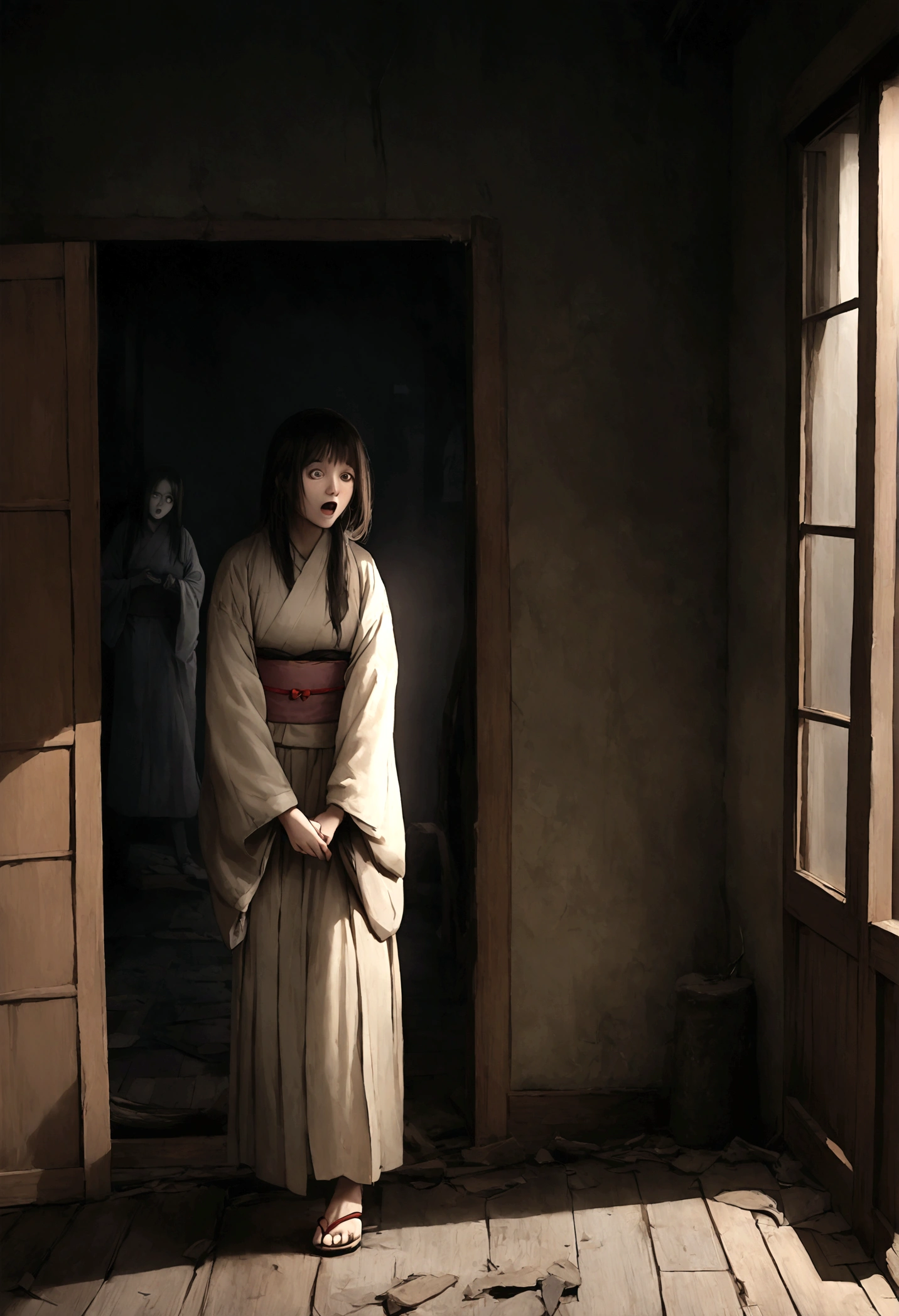A detailed and realistic horror movie photograph prompt for Midjourney:
---
A realistic scene of a 30-year-old Japanese woman in a traditional kimono. She is standing from head to toe, adopting a menacing, ghost-like posture reminiscent of the Japanese horror film "Ju-on." Her expression is haunting, with wide, unnerving eyes and a slightly open mouth as if ready to scream. The background is a typical horror movie setting: an old, abandoned house with dilapidated wooden floors, tattered shoji screens, and eerie, flickering light streaming through broken windows. The scene is set in broad daylight, creating an unsettling contrast between the bright light and the ominous atmosphere. The photograph captures every detail vividly, aiming for a highly realistic and immersive look. There should be no text overlay on the image.--ar 9;16