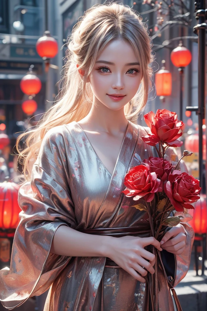 highest quality、8k Masterpiece、ultraA high resolution、(Photorealistic:1.3)、RAW Photos、1 girl、Silvery white hair、Glowing Skin、((Ultra-Realistic Details))、Portrait、Global Illumination、Shadow、Octane Rendering、8k、Super sharp、soft、warm colors、Very intricate details、Realistic Light、CGSoation Trend、Beautiful and shining eyes、Beautiful breasts、To the camera、Neon Details、Landscapes of unimaginable beauty、100Light of red lanterns、Swirl、samurai girl in the center、female、sexy。Healthy Body、Japanese、A beauty that everyone falls in love with、smile