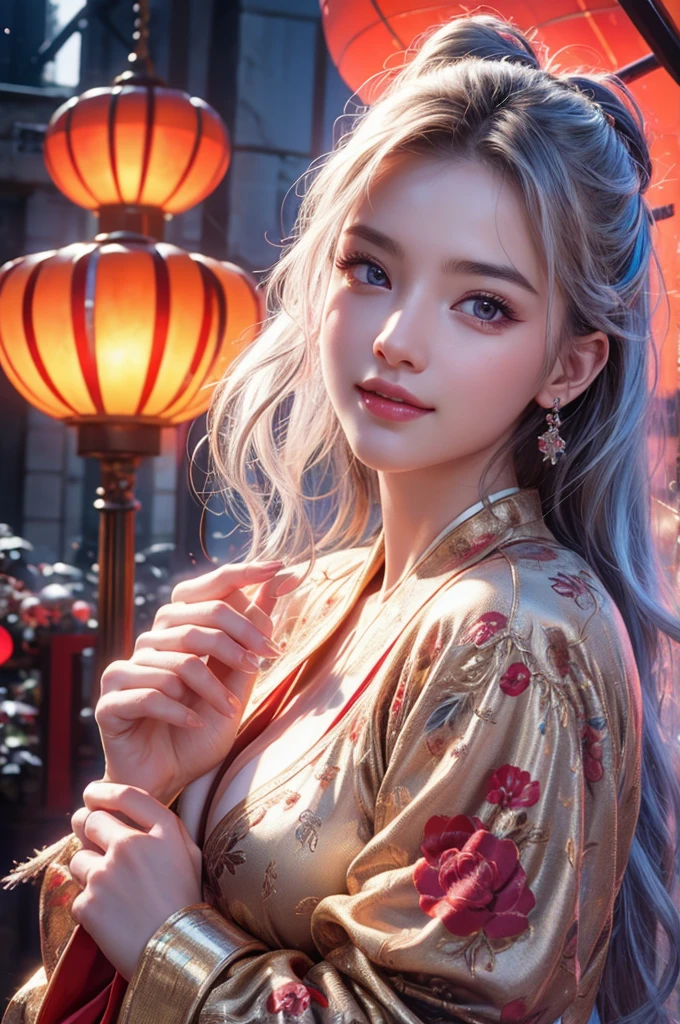highest quality、8k Masterpiece、ultraA high resolution、(Photorealistic:1.3)、RAW Photos、1 girl、Silvery white hair、Glowing Skin、((Ultra-Realistic Details))、Portrait、Global Illumination、Shadow、Octane Rendering、8k、Super sharp、soft、warm colors、Very intricate details、Realistic Light、CGSoation Trend、Beautiful and shining eyes、Beautiful breasts、To the camera、Neon Details、Landscapes of unimaginable beauty、１００Light of red lanterns、Swirl、samurai girl in the center、female、sexy。Healthy Body、Japanese、A beauty that everyone falls in love with、smile