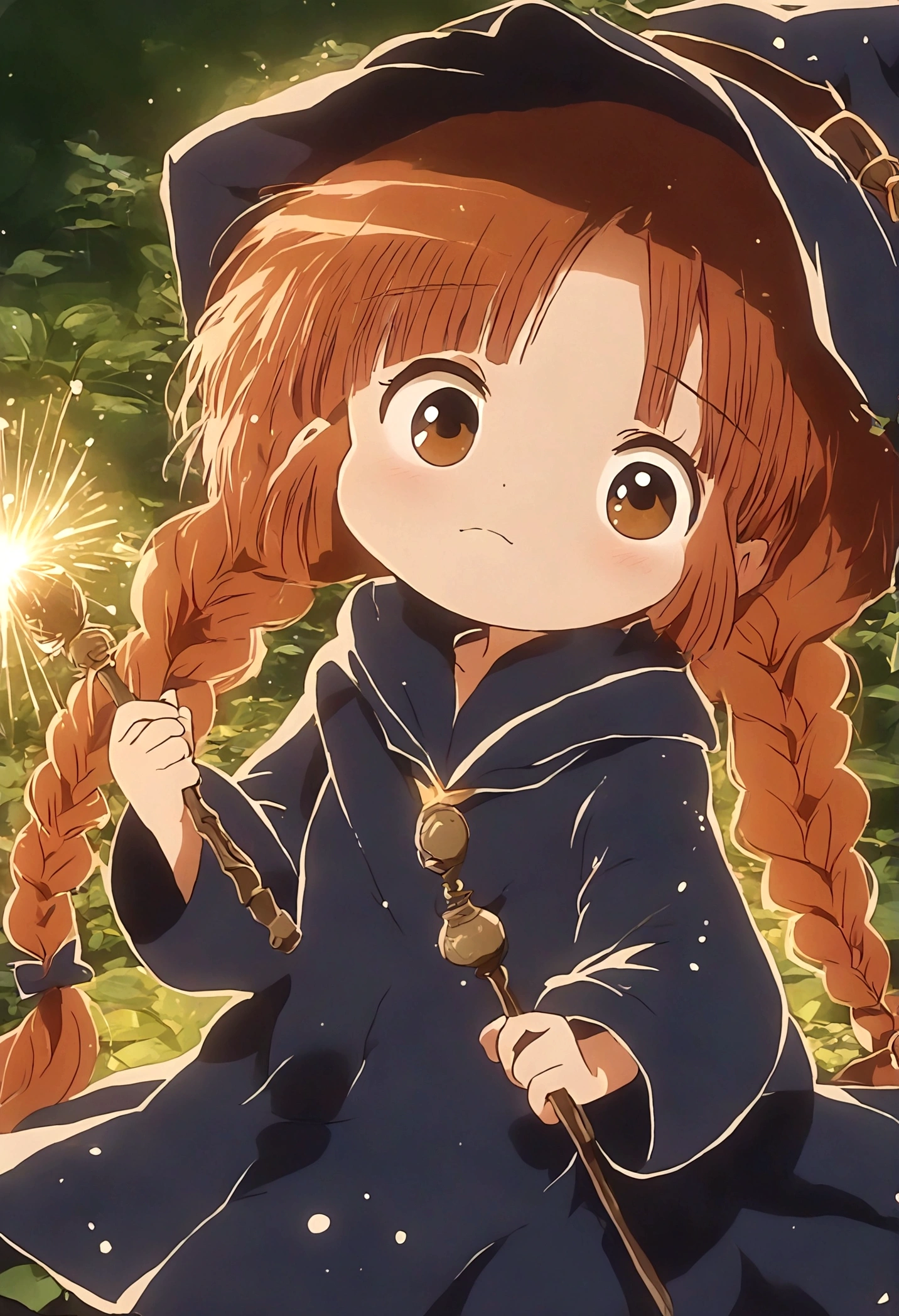 Brown double braids、Disgusted look, Cute anime style Hagrid, a young witch, Anime cute art style, Marisa Kirisame, Witch Girl, Anime Characters, as an Anime Characters, Possess magical powers, young wizard, A different world, Holding a magic wand（8K）（HD）（（best quality））， （（Intricate details））， （（Surrealism））