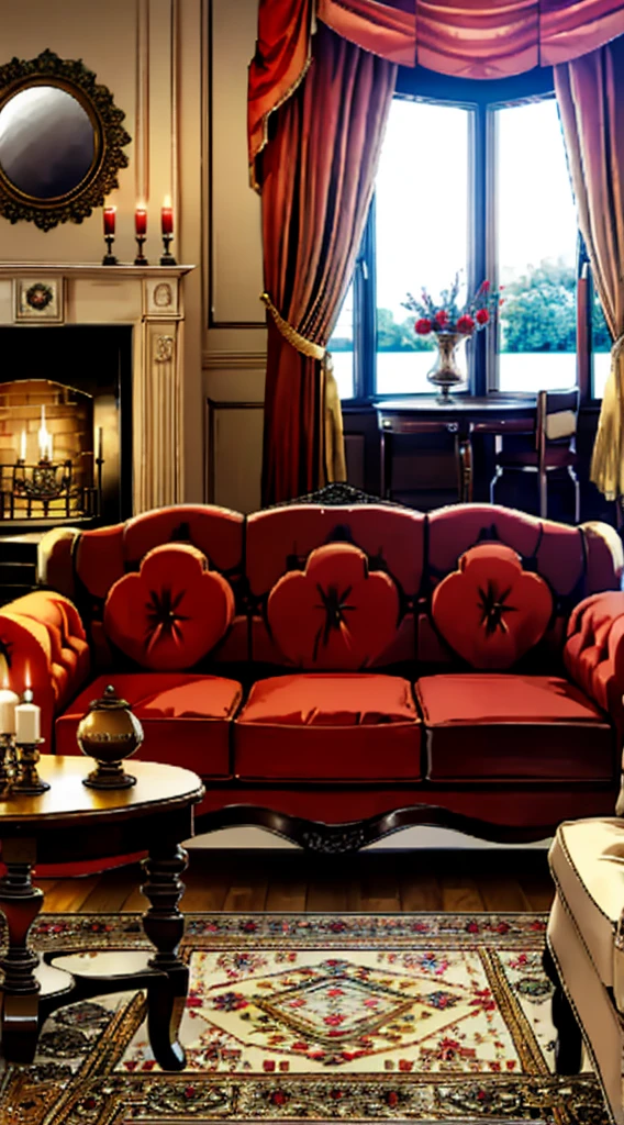 Photography, sofa, tea table, ( living room), curtains, waxy candles, decorations, wooden floor, carpet, fireplace