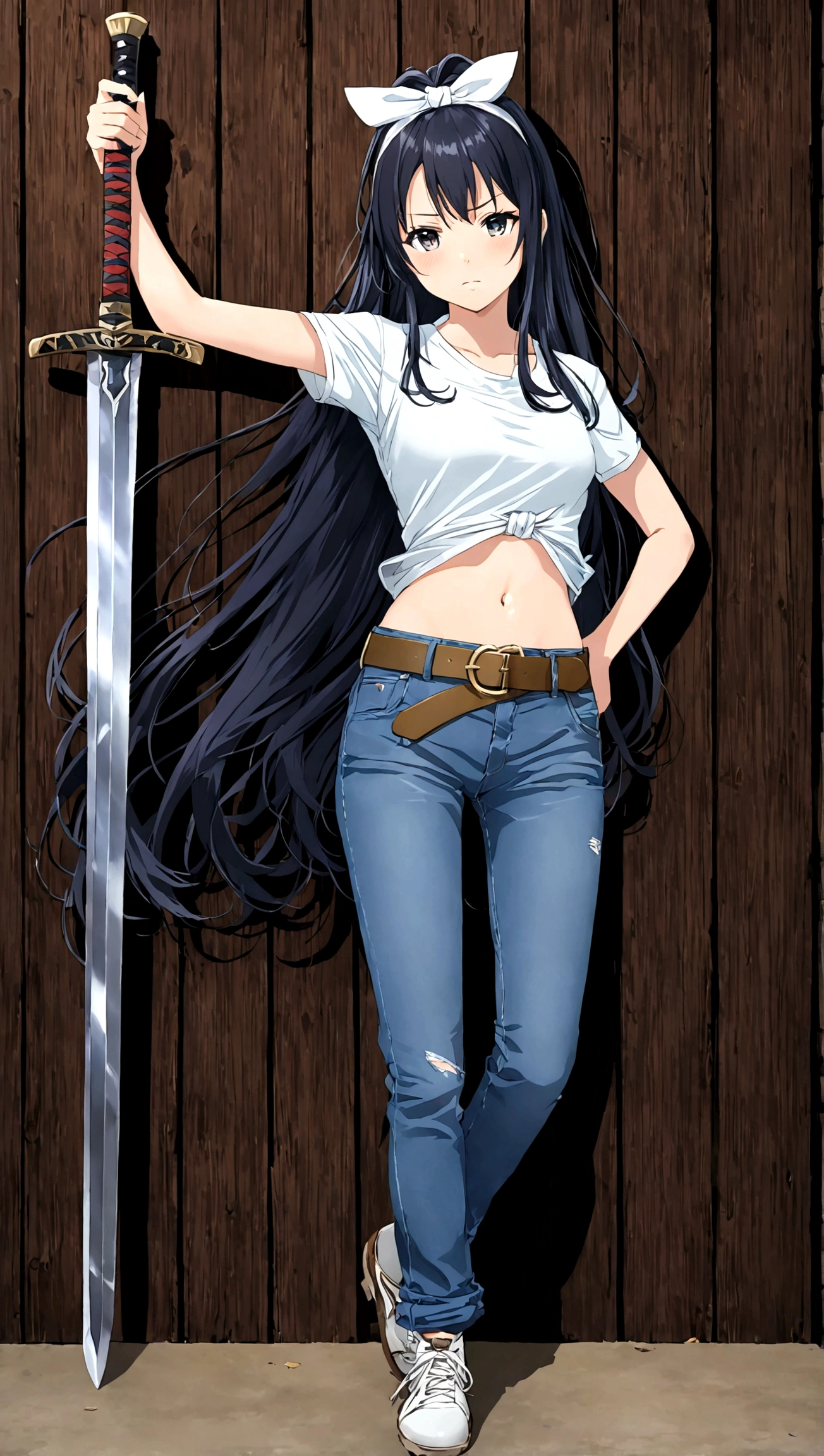 1girl，sword，shirt，belt，Black Hair，jeans，Fences，Headband，sword，arms，Long hair，belly button，shirt，Single pants leg，Disgusted look, ,Kanzaki Kaori,solo，sword，绑shirt，arms