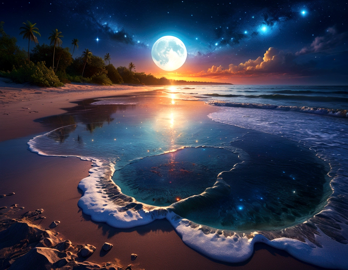 art by Phil Koch, Meghan Howland blue moon Digital ral-epochelves surreal image of a summer landscape after sunset luminism representing a vast cosmic eye dominating the night sky, surrounded by a network of stars, nebulae and cosmic dust, Beneath this cosmic spectacle, depicts a tranquil beach with the surface of the ocean is sparkling, lush and symmetrically reflects sparkling nebulae and luminous astral bodies point. Realism: complex background, dynamic lighting, digital painting, intricate details. The overall style should be dreamlike and fantastical, with a touch of realism in the details.