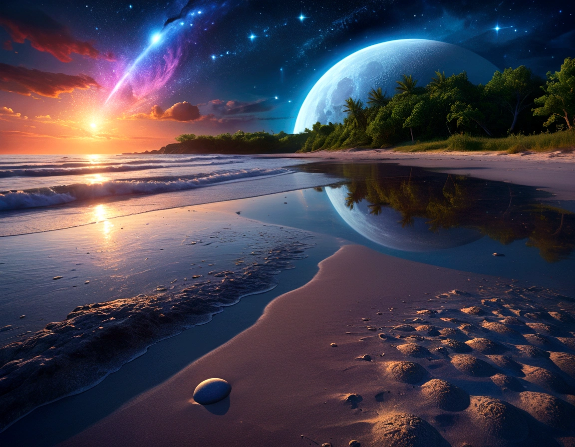 art by Phil Koch, Meghan Howland blue moon Digital ral-epochelves surreal image of a summer landscape after sunset luminism representing a vast cosmic eye dominating the night sky, surrounded by a network of stars, nebulae and cosmic dust, Beneath this cosmic spectacle, depicts a tranquil beach with the surface of the ocean is sparkling, lush and symmetrically reflects sparkling nebulae and luminous astral bodies point. Realism: complex background, dynamic lighting, digital painting, intricate details. The overall style should be dreamlike and fantastical, with a touch of realism in the details.