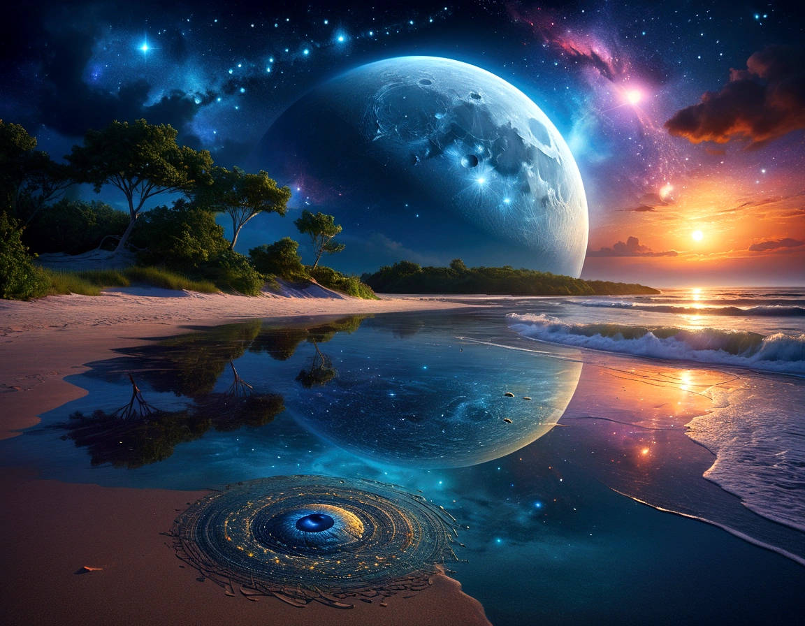 art by Phil Koch, Meghan Howland blue moon Digital ral-epochelves surreal image of a summer landscape after sunset luminism representing a vast cosmic eye dominating the night sky, surrounded by a network of stars, nebulae and cosmic dust, Beneath this cosmic spectacle, depicts a tranquil beach with the surface of the ocean is sparkling, lush and symmetrically reflects sparkling nebulae and luminous astral bodies point. Realism: complex background, dynamic lighting, digital painting, intricate details. The overall style should be dreamlike and fantastical, with a touch of realism in the details.