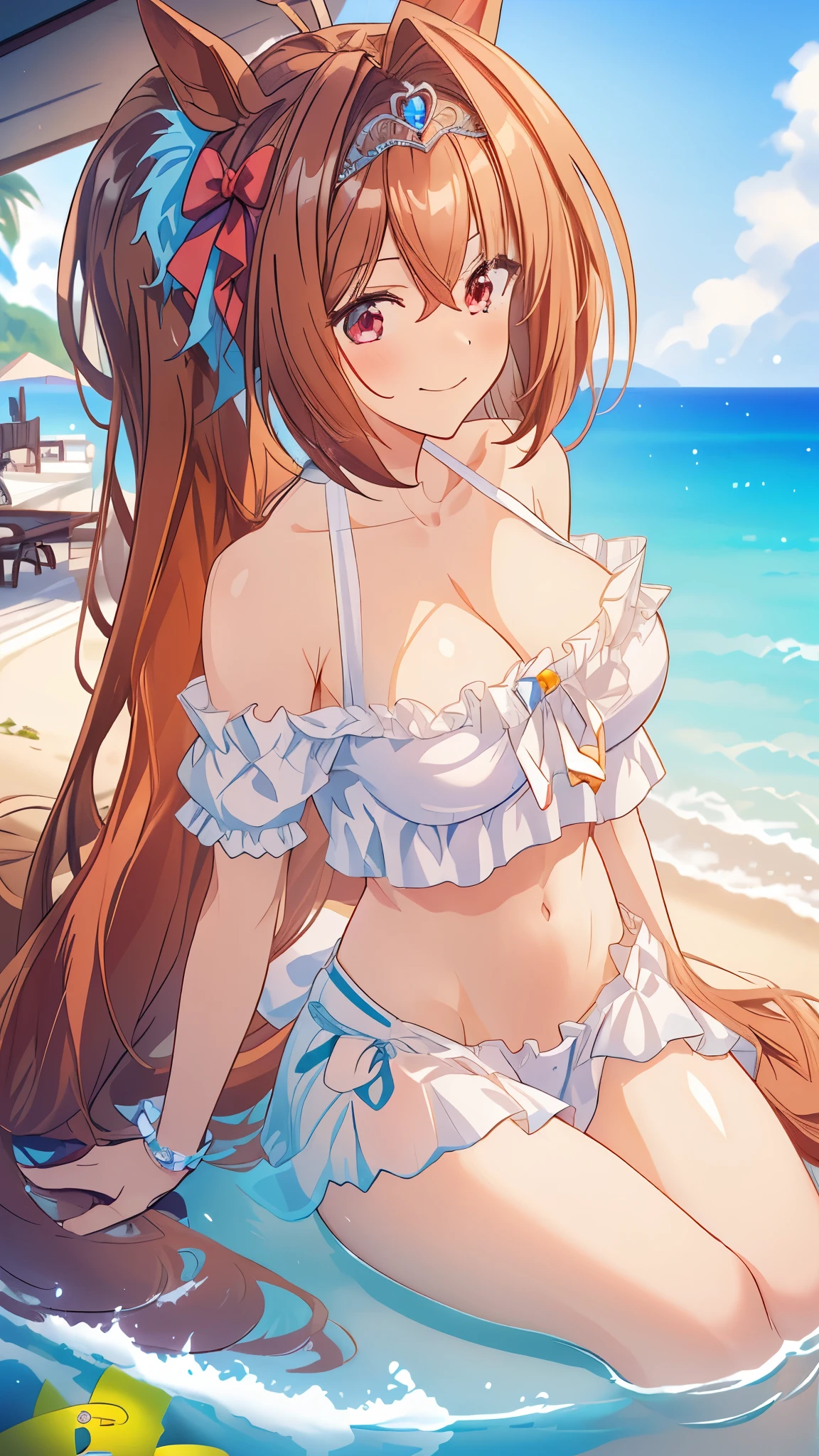 (((masterpiece, highest quality, High resolution, 超High resolution, Pixel perfect, Depth of written boundary, 4K, RTX, High resolution))), One girl, smile, Very large breasts, Brown Hair, Long Hair, Twin tails, (Red eyes:1), clavicle, White Bikini, belly button, Side tie bikini, (Sexy), Beach, Ocean, blue sky, View Viewer, {{Very delicate and beautiful}}, Highly detailed CG Unity 8k wallpaper, (Shiny Hair:1.2), (Shiny skin:1.5),