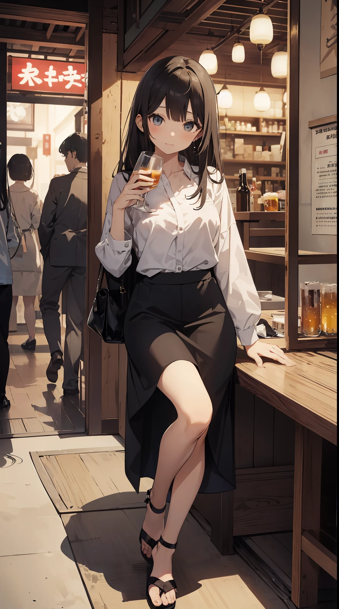 This illustration depicts a cute girl drinking beer at an izakaya. She holds a glass of beer in her hand and her eyes sparkle. The inside of the store is a traditional Japanese izakaya, with tatami mat floors and signs hanging on the walls. Attire is casual office clothes. However, the most noteworthy thing is the "last mysterious high-energy body" she emits. This energy body is released from her body and has the power to obliterate the garbage in the store. The pale light reaches every corner of the room. A girl with a satisfied expression is sitting from the window. It's evening, dressed after work.