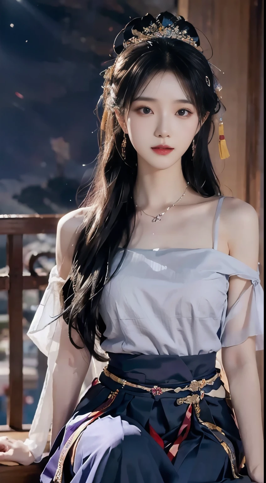 night, Deep blue sky, Purple, 淡Purple连衣裙, Long skirt at chest, long black hair, long hair and waist, Beautiful girl, God, god, White headdress, Sitting on the railing, hair, side fringe, scarf, hair ornament, Forehead Gem, Baolai Jewelry Branch, crescent hair ornament, fish hair ornament, God ray, flash, movie lighting, Lens flare, Ultra HD, High Detail, high quality, high resolution, best quality, 8K, 16K, High Detail, high quality, high quality, Super Detail, Anatomically correct, masterpiece, precise